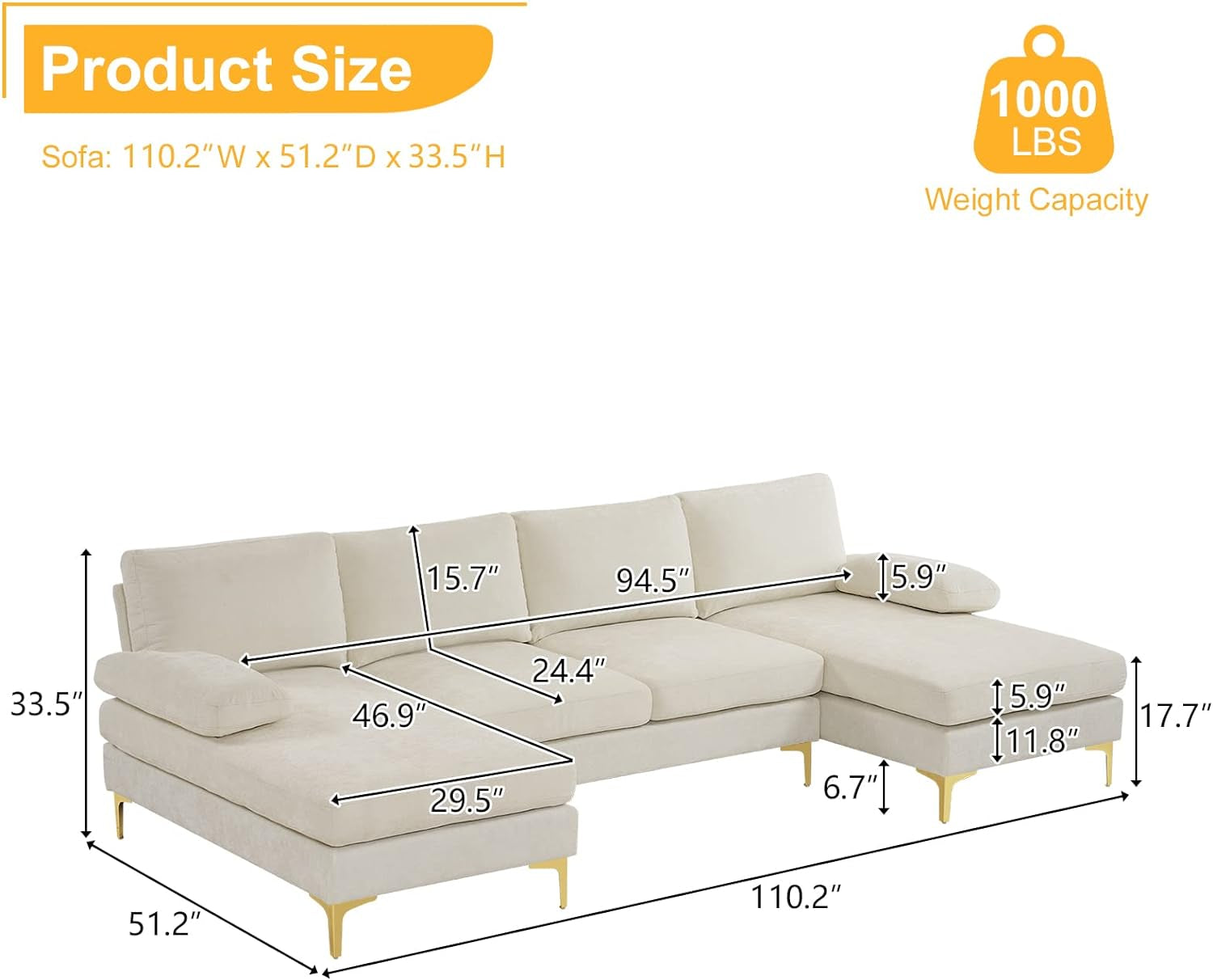 Convertible Sectional Sofa 110" U-Shape Sofa Couch 4-Seat Couch with Chaise Chenillefabric Upholstered for Living Room, Apartment, Office, Creamy White-1