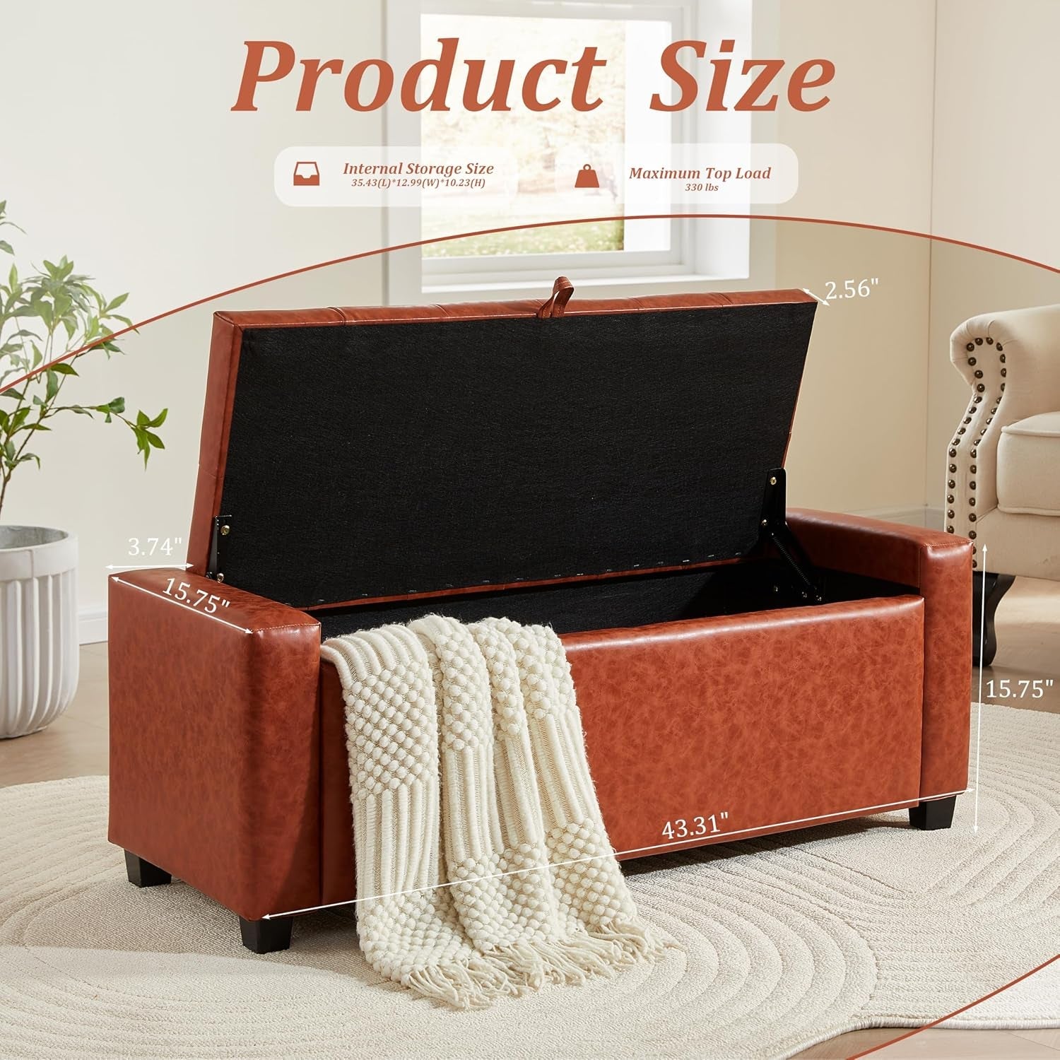 Storage Ottoman Tufted Leather Reddish Brown Bench-1