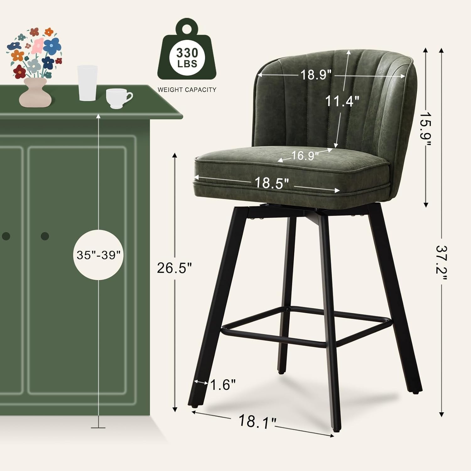 Swivel Counter Height Bar Stools Set of 2, 26'' Modern Barstools with Backs and Metal Legs, Upholstered Bar Chairs, Faux Leather Green Stools for Kitchen Island Chairs-1