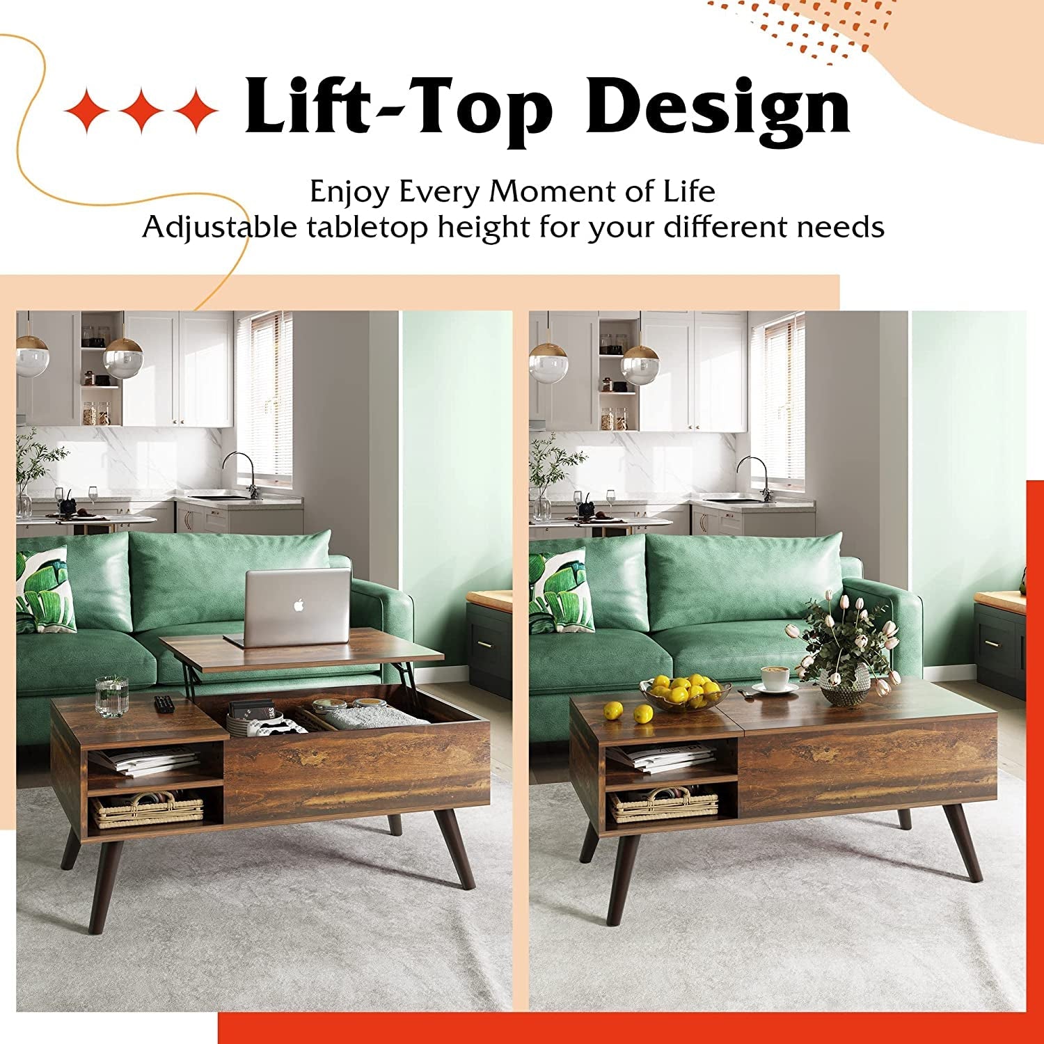 Rustic Brown Lift Top Coffee Table with Shelf-3
