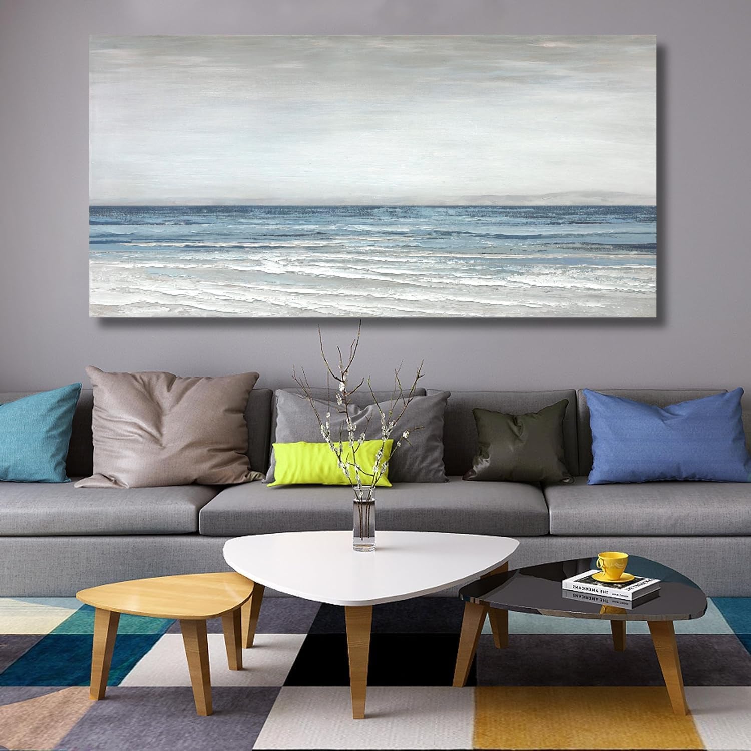 Textured Abstract Canvas Wall Art 28W X 57H Blue White Seascape-1