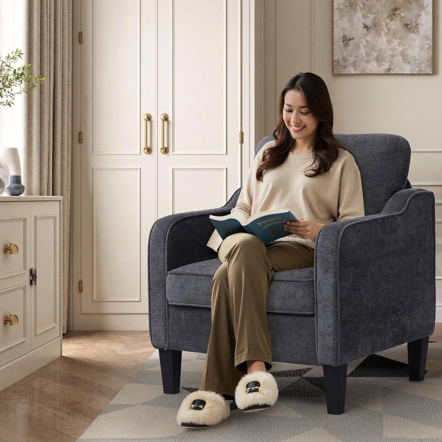 Dark Grey Mid Century Modern Upholstered Accent Chair-2