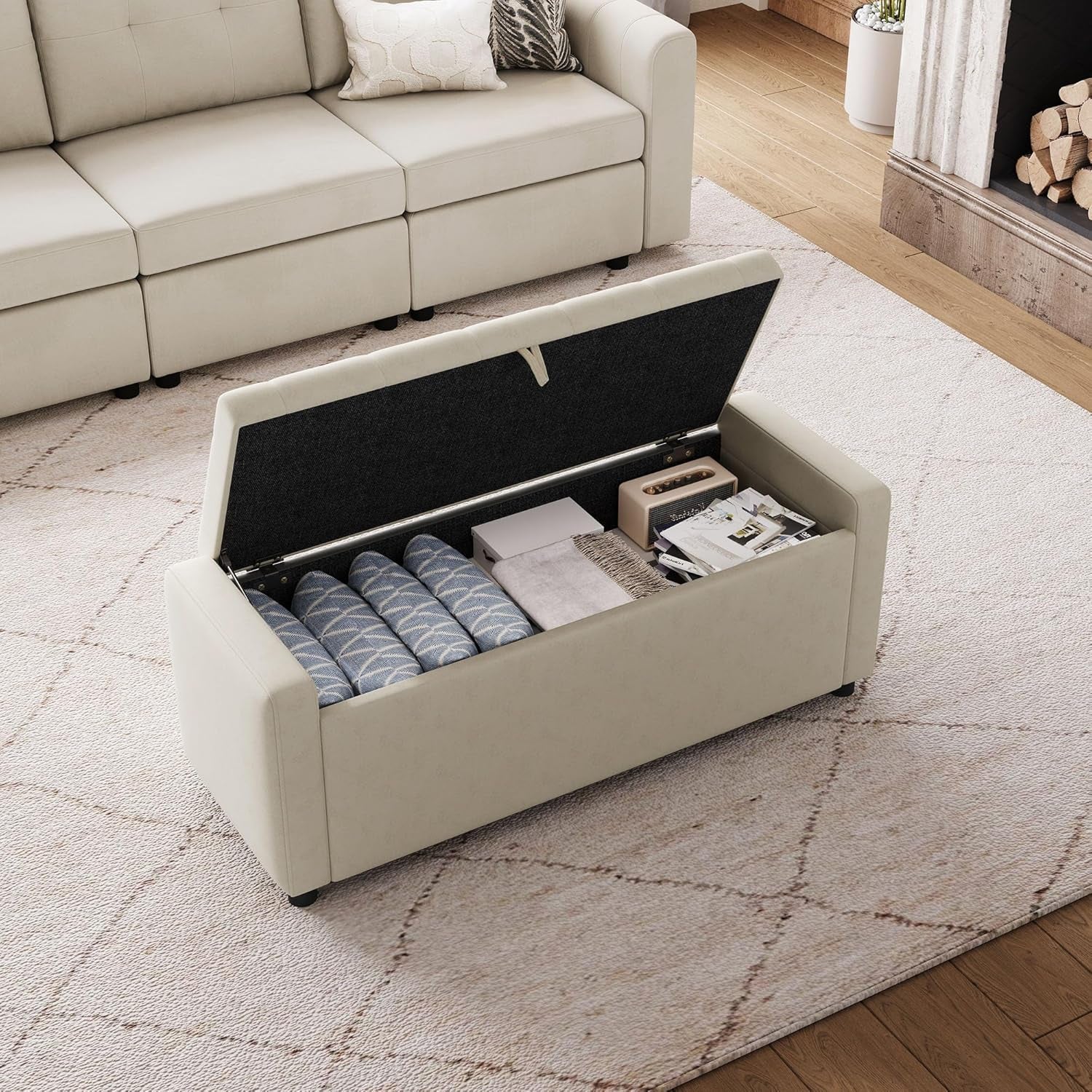 Fifty Inch Upholstered Storage Ottoman Bench Beige-2