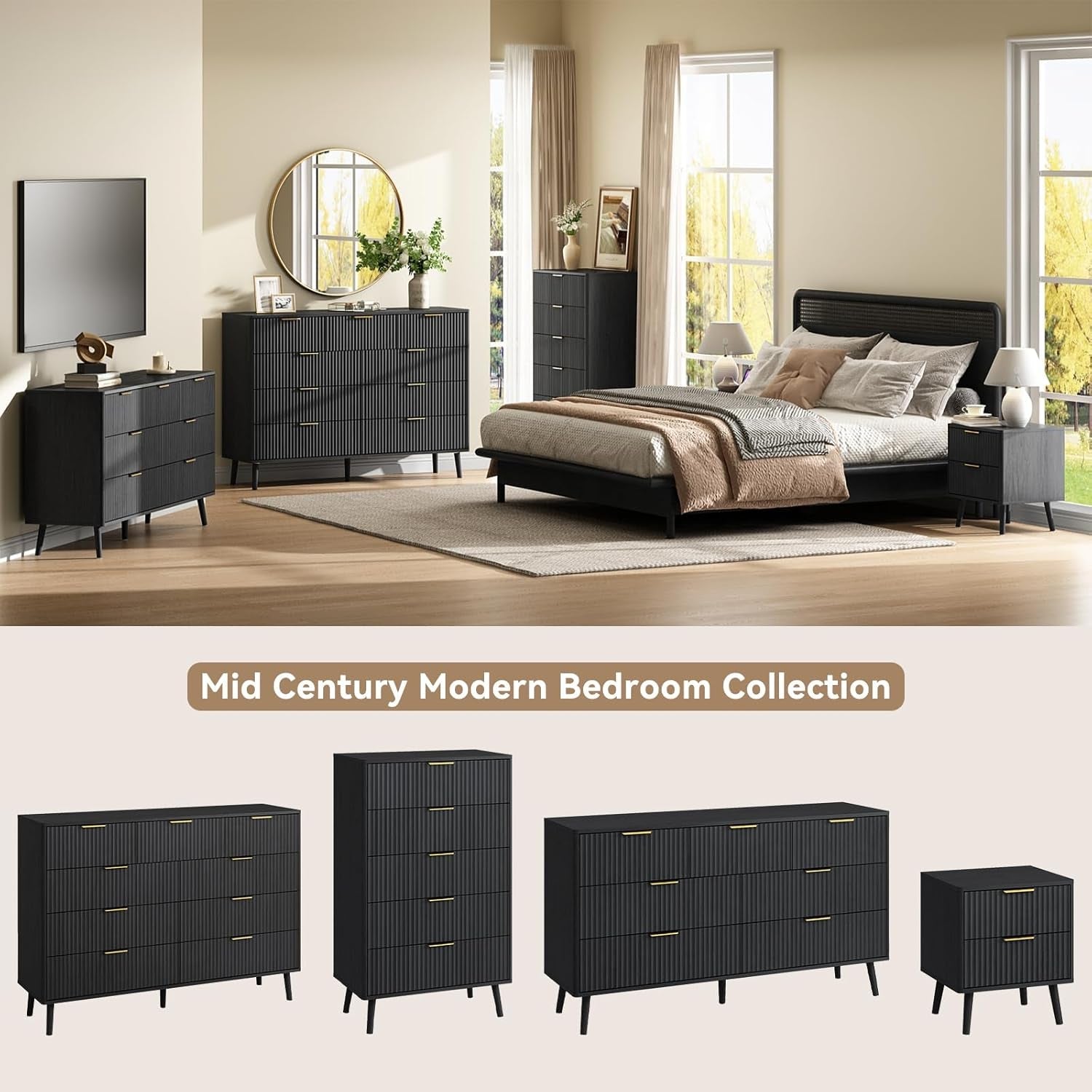Fluted Nine Drawer Dresser FiftyFiveInch MatteBlack Organizer-2