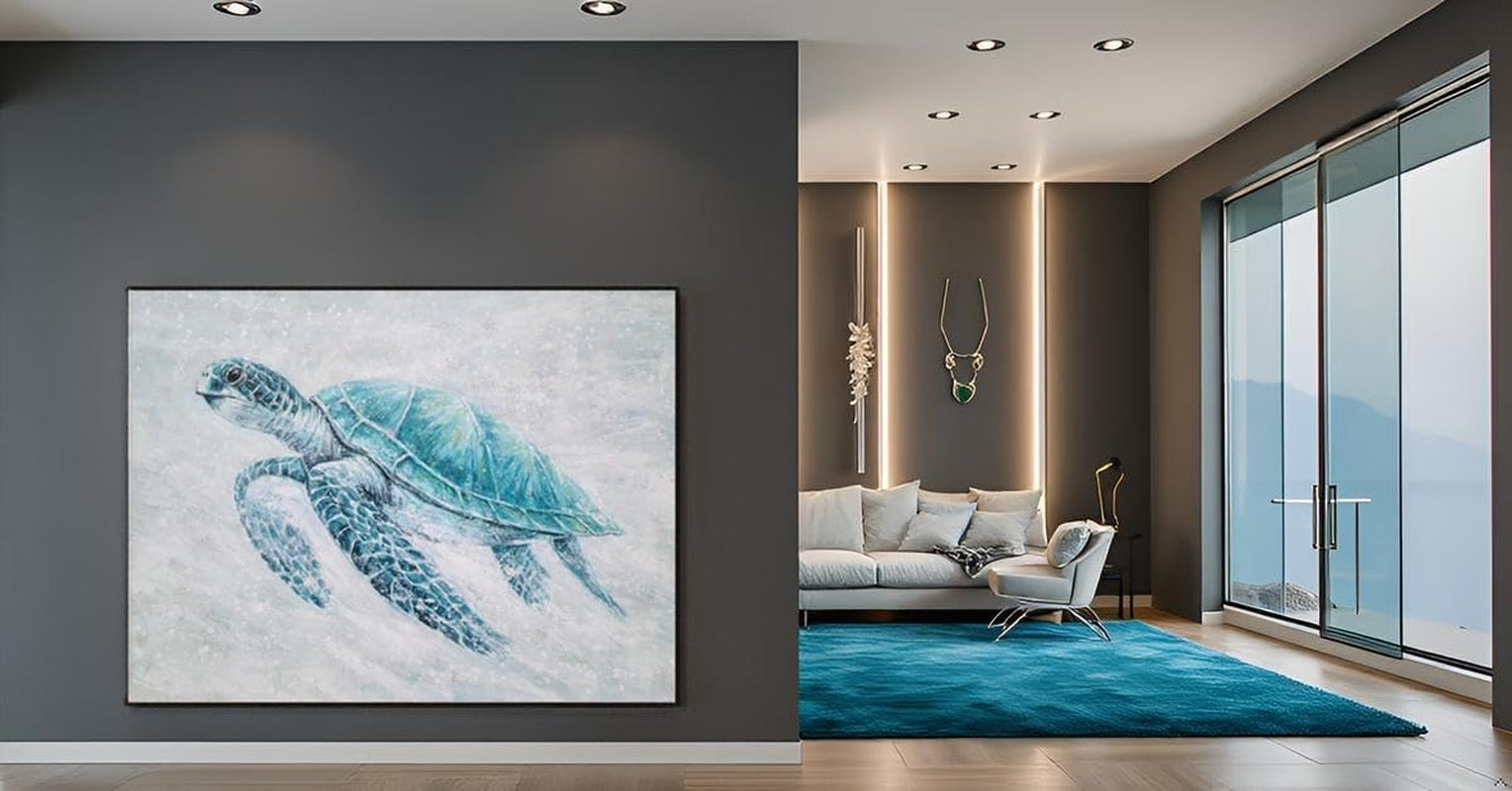 Sea Turtle Teal Canvas Wall Art ExtraLarge Hand painted-4