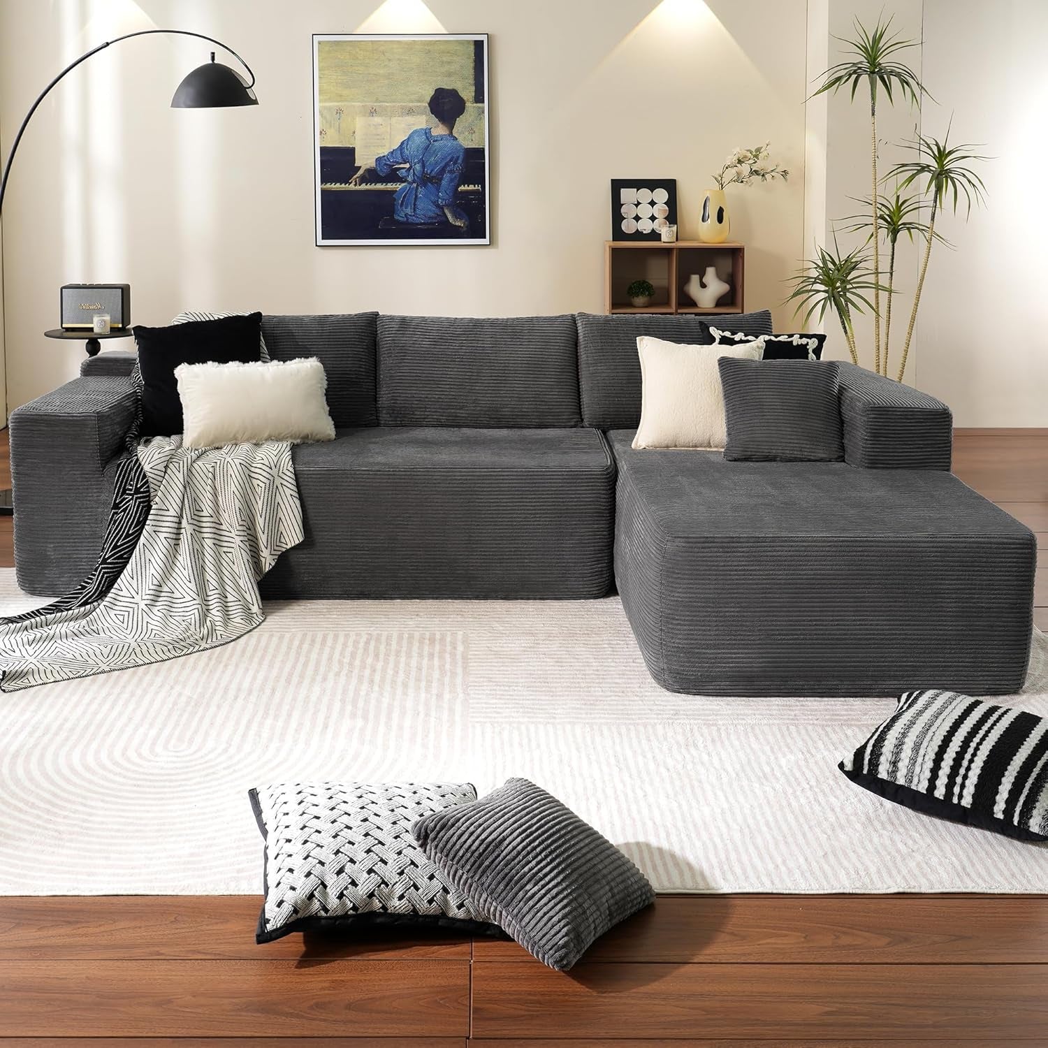 104" Cloud Sectionl Couch with L-Shpe Chise,Modern Modulr Sof with Deep Set, Upholstered Couches for Living Room Bedroom,No ssembly Required, Grey (Corduroy Fbric)-0