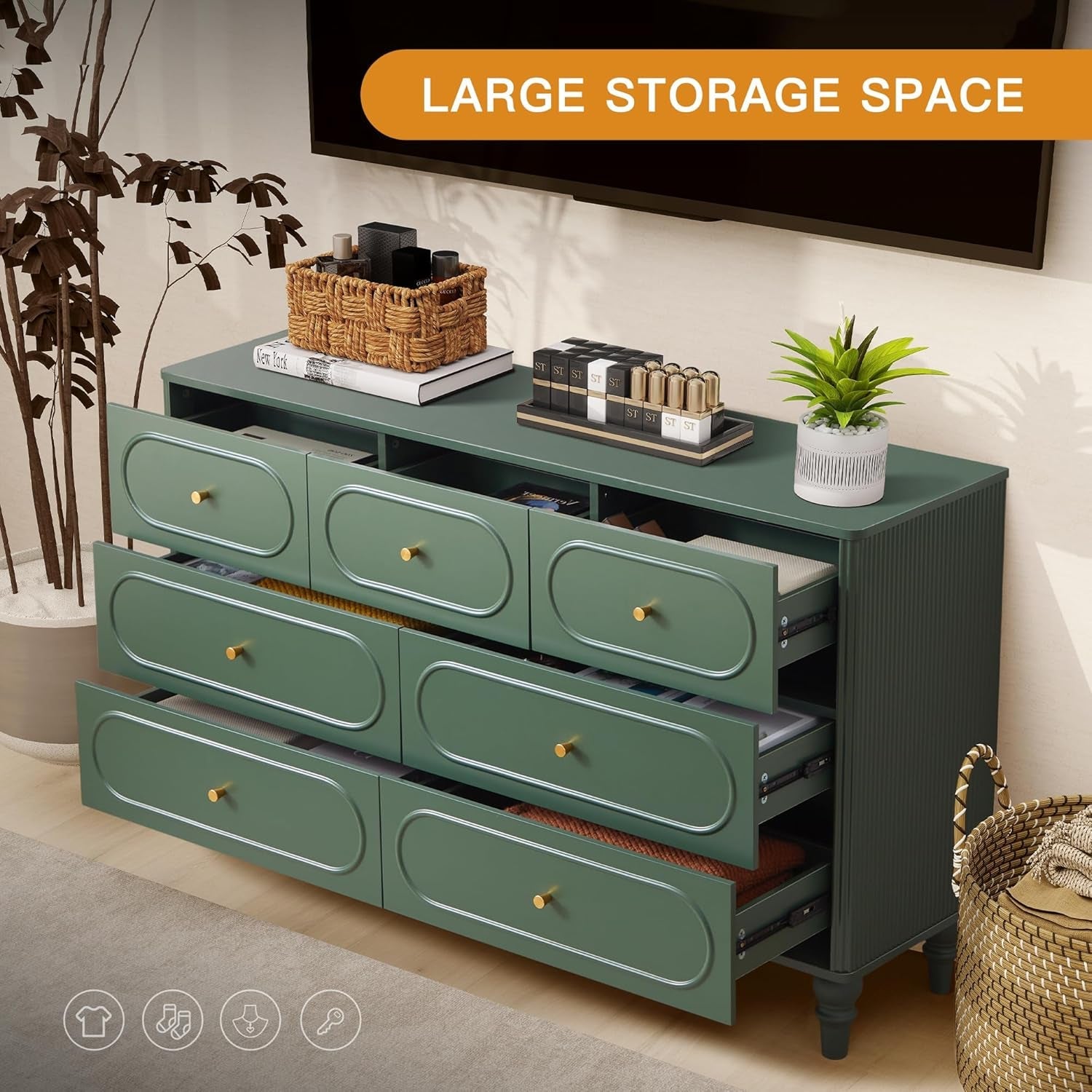 Emerald Green Fluted Seven Drawer Dresser Midcentury-3