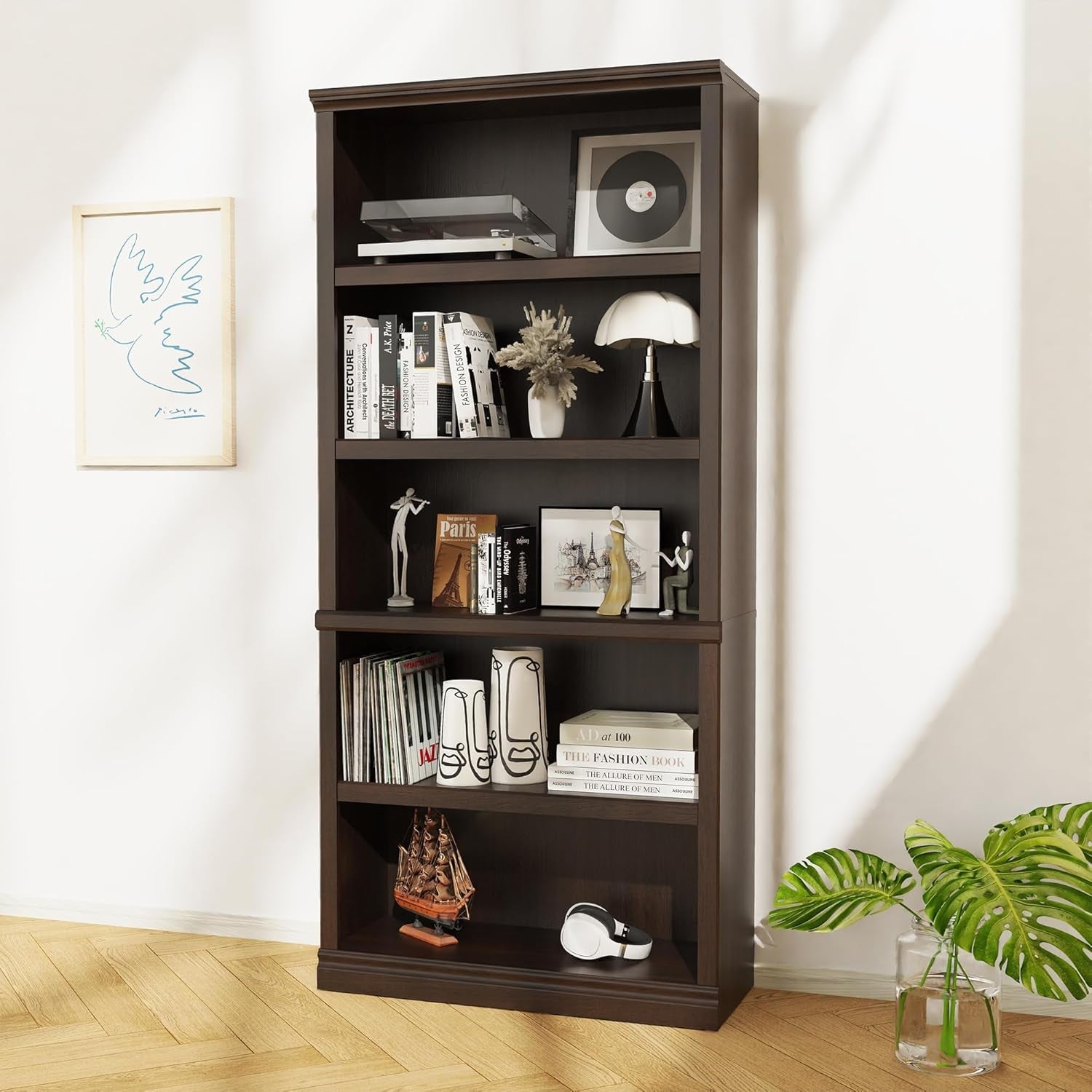 Bevfint 70 Inch Dark Cherry 5 Tier Floor Standing Bookcase-1