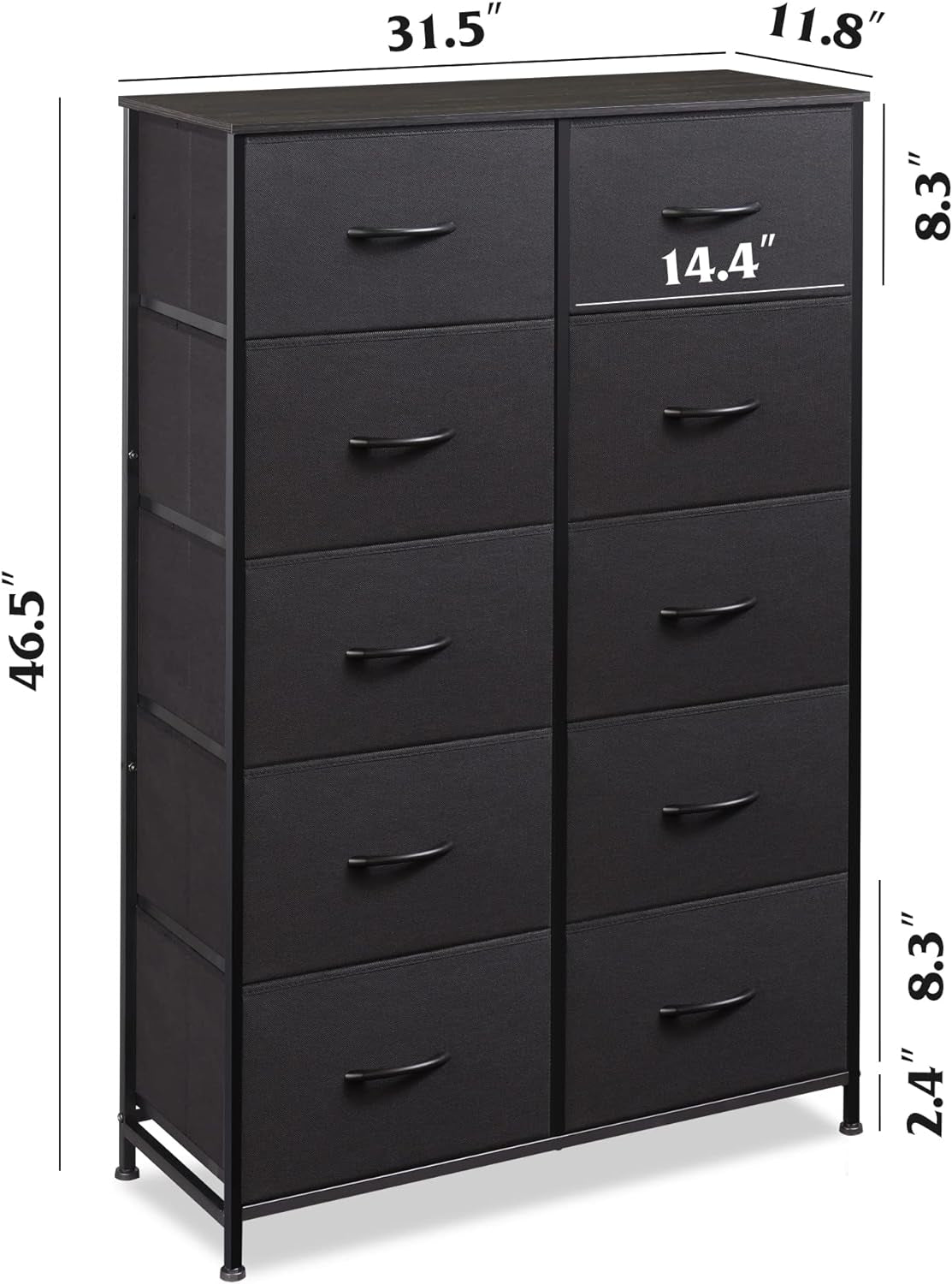 Tall Black Dresser With 10 Drawers And Fabric Bins Storage Organizer-2