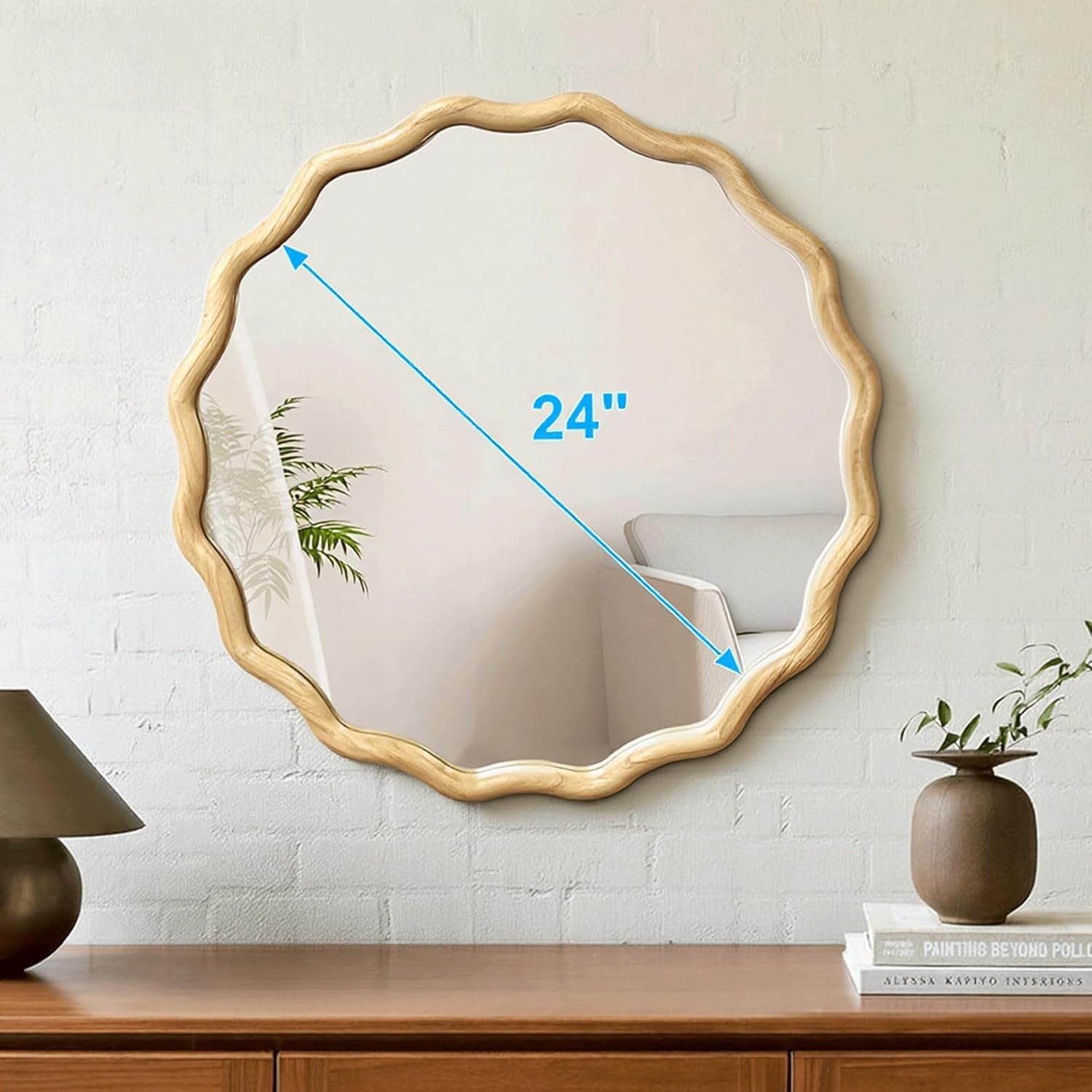 Round Wood Wall Mirror 24 Inch Shatterproof Glass Mounted-1