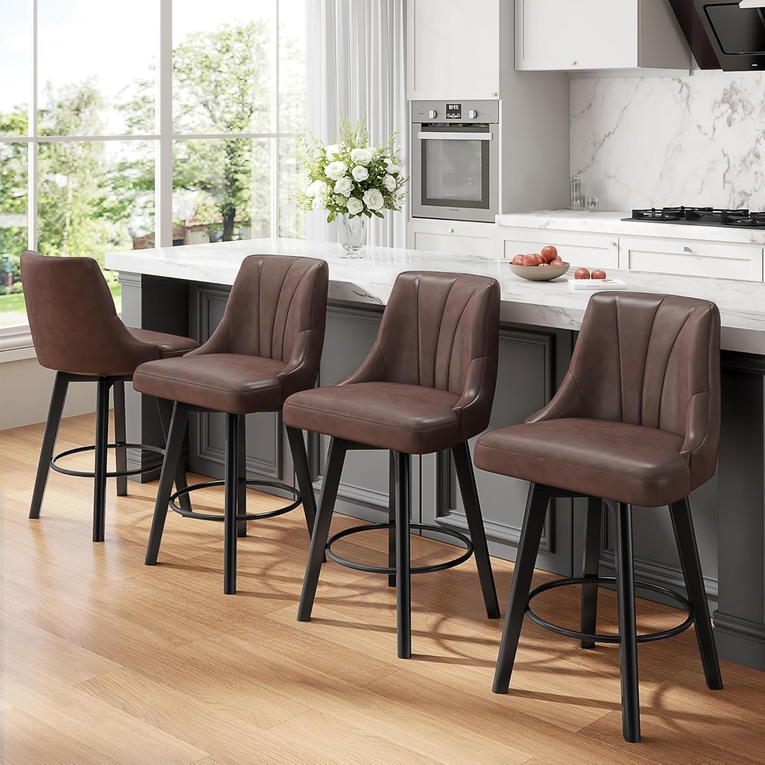 Counter Height Swivel Bar Stool, 24" Upholstered PU Leather Barstools Set of 3, Counter Stool Chair with Back & Solid Wood Legs for Kitchen Island Dining Room (Brown)-3