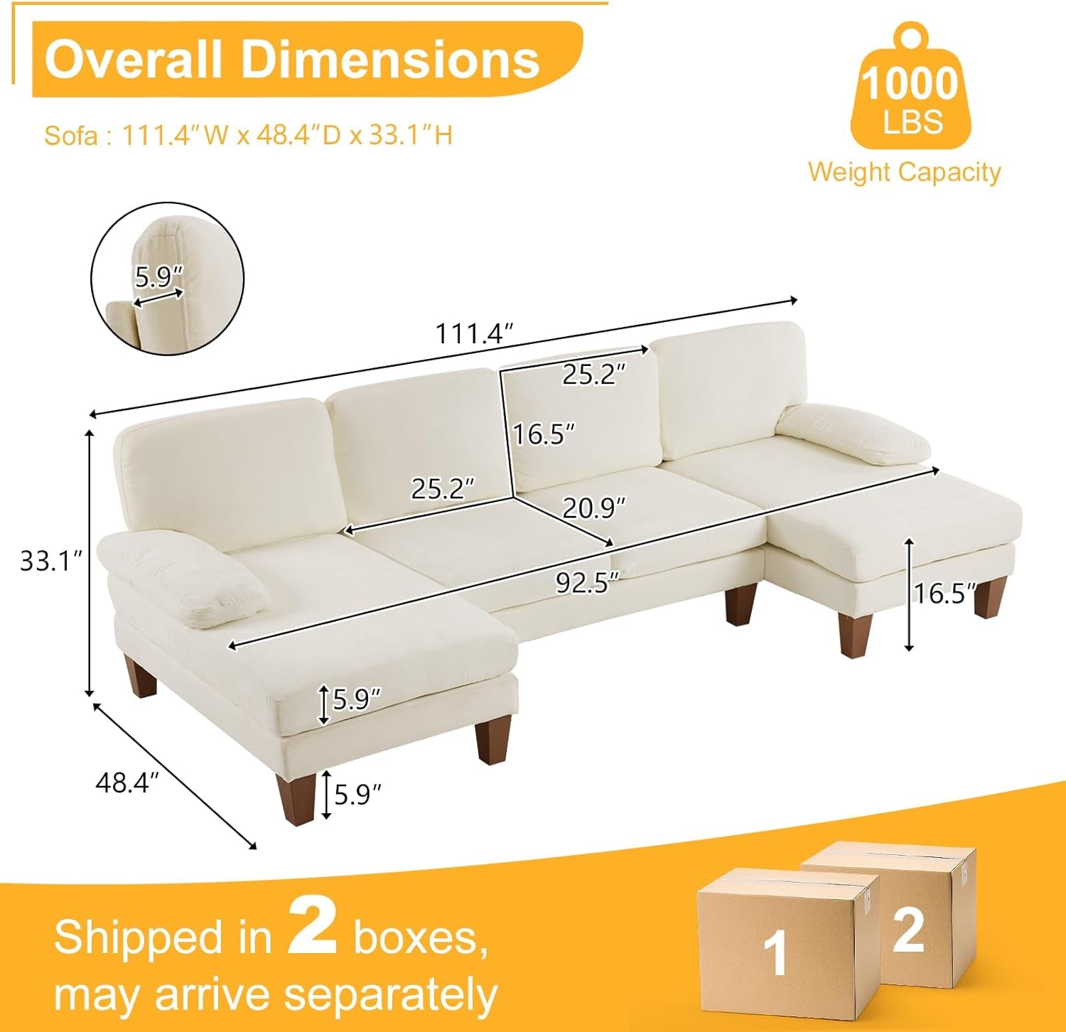 U Shape Sectional Sofa 111 Inch Beige Chenille Convertible-1