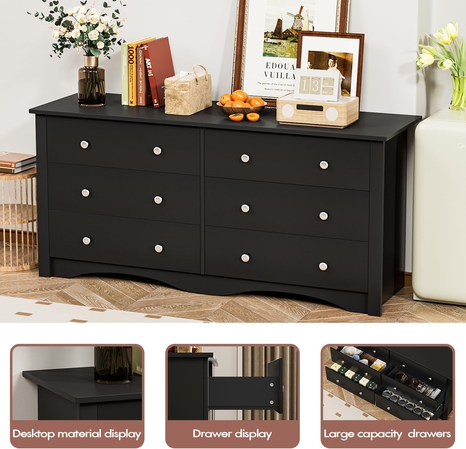 Contemporary Solid Wood Dresser Black With Storage-3
