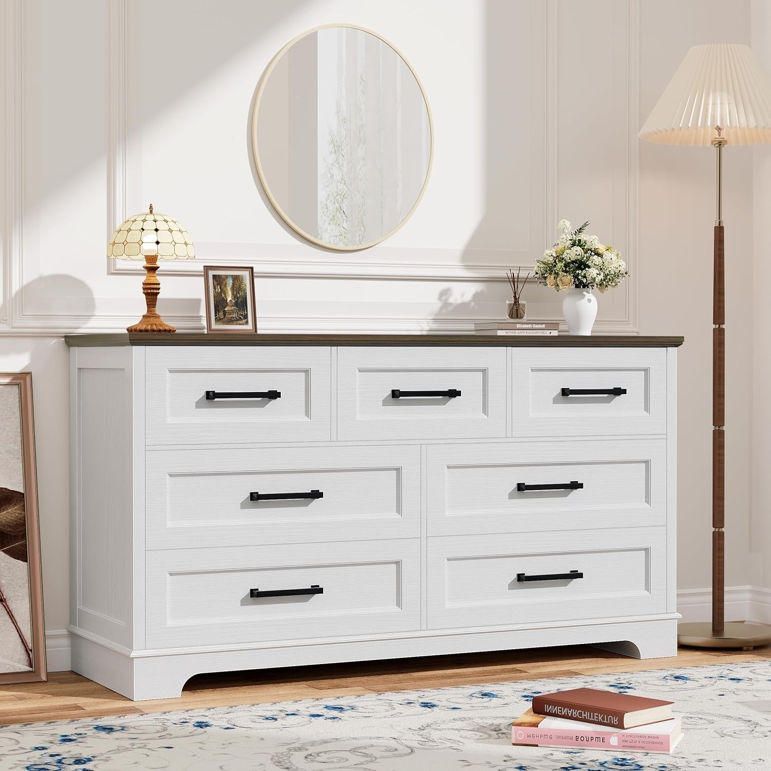 Modern FarmhouseStyle Seven Drawer Dresser White Brown-4