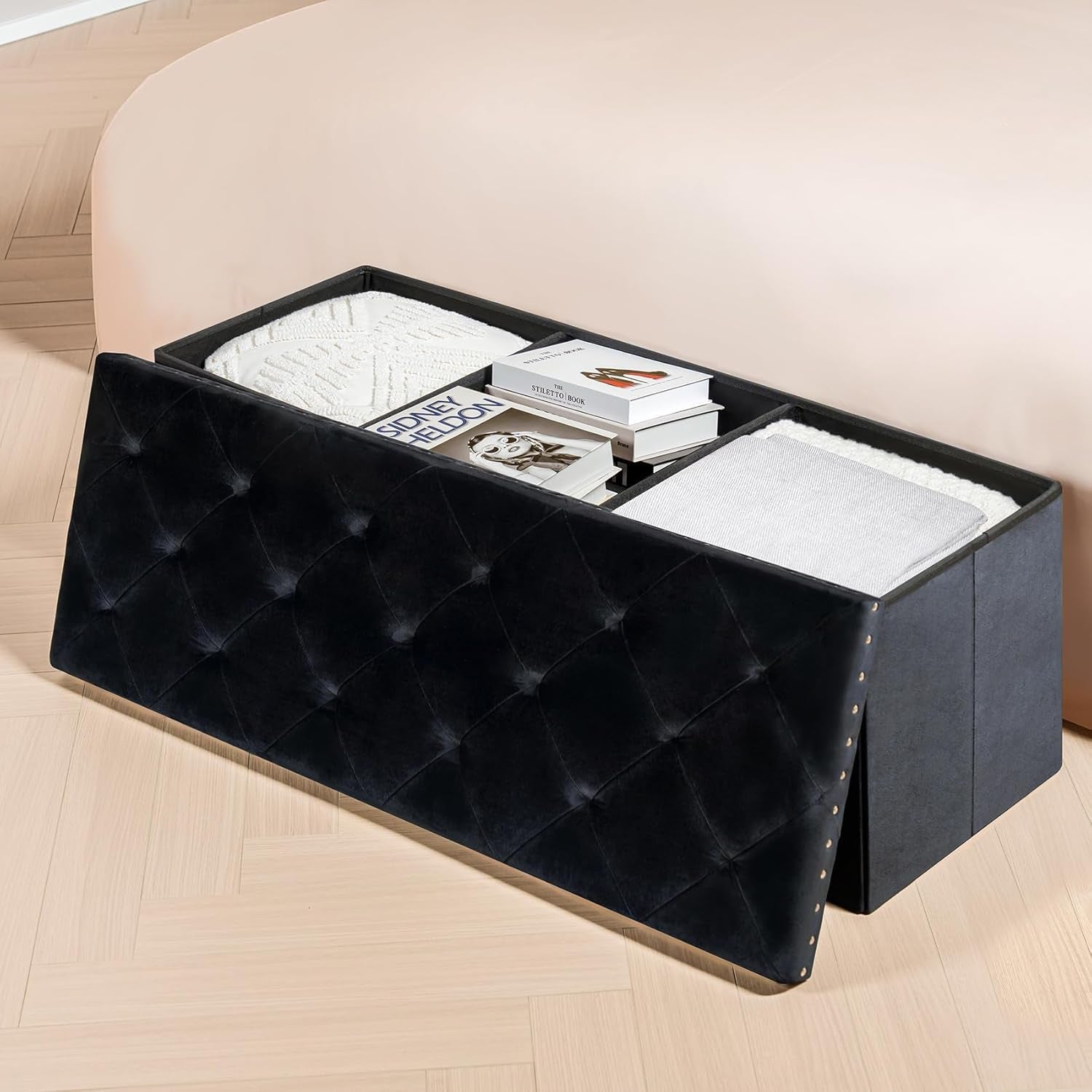Black Premium Velvet Storage Ottoman Bench Bedroom-3