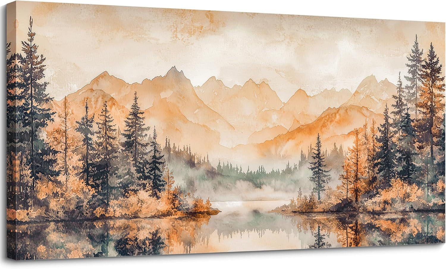 Canvas Wall Art 20x40 Inches Misty Forest Gold Lake Landscape-0
