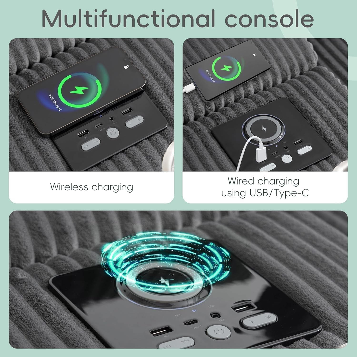 114 Inch Corduroy Sectional Couch With Bluetooth Speakers