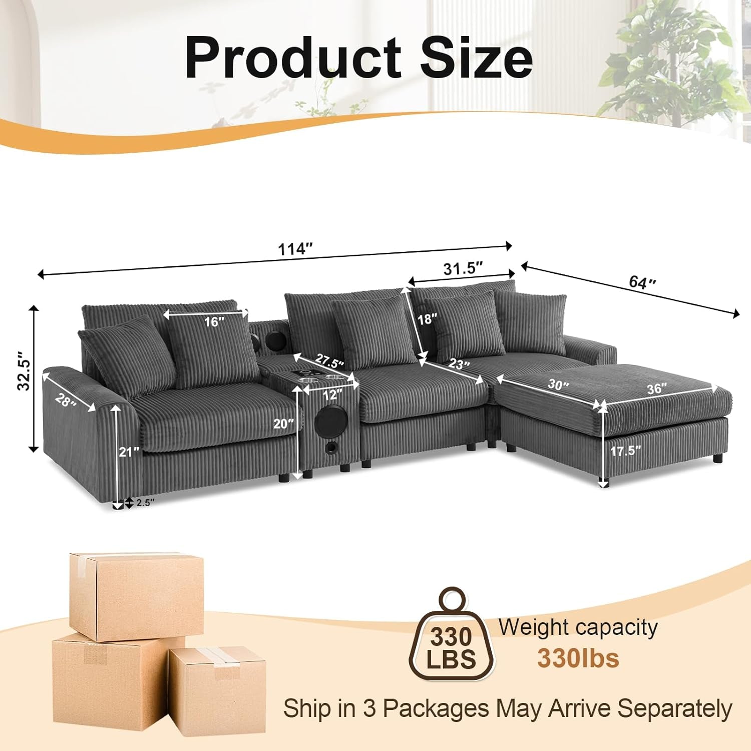 114 Inch Corduroy Sectional Couch With Bluetooth Speakers