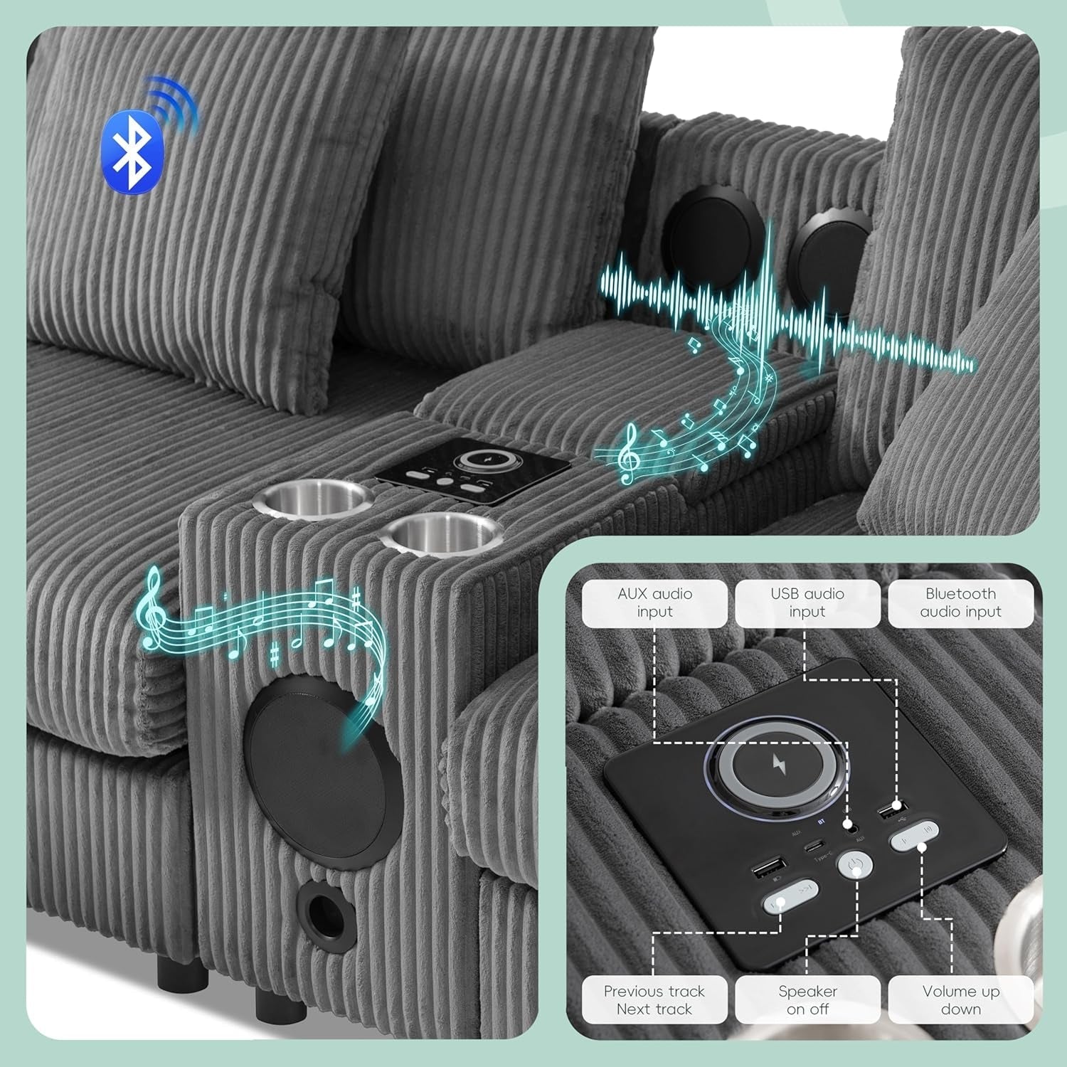 114 Inch Corduroy Sectional Couch With Bluetooth Speakers