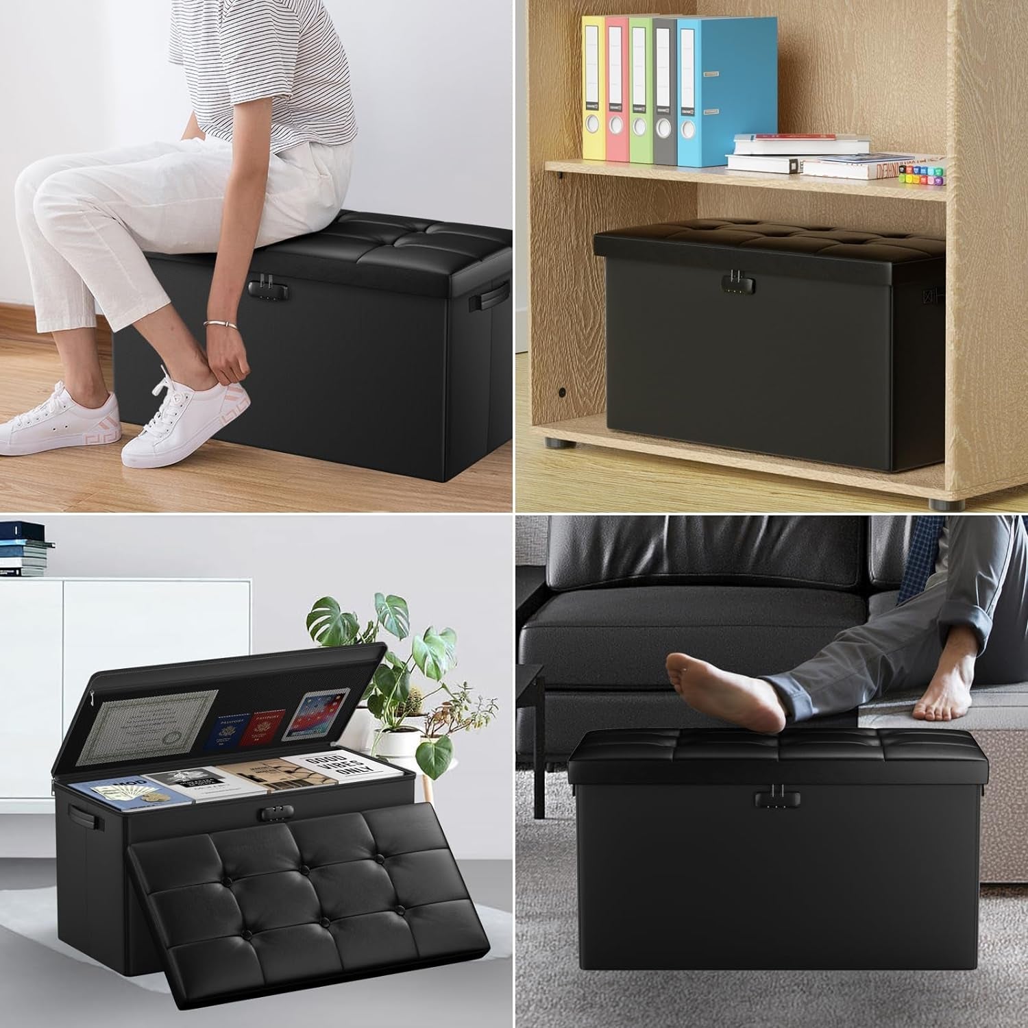 Storage Ottoman Bench 30 Inches Black Storage Lock Pro-4
