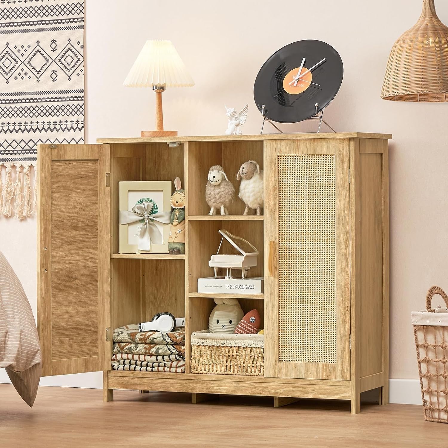Storage Cabinet, Rattan Cabinet with 4 Adjustable Shelves, Coffee Bar Cabinet, Sideboard Buffet Cabinet for Kitchen, Living Room, Entryway, Natural-3
