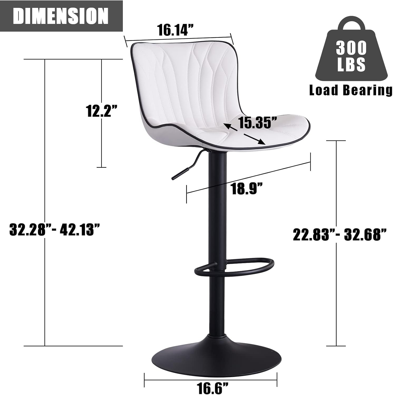 White Bar Stools Set of 2 Modern Kitchen Counter Height Bar Chair with Back Swivel Adjustable Faux Leather Upholstered Barstools for Breakfast Island Tall 300LBS-1