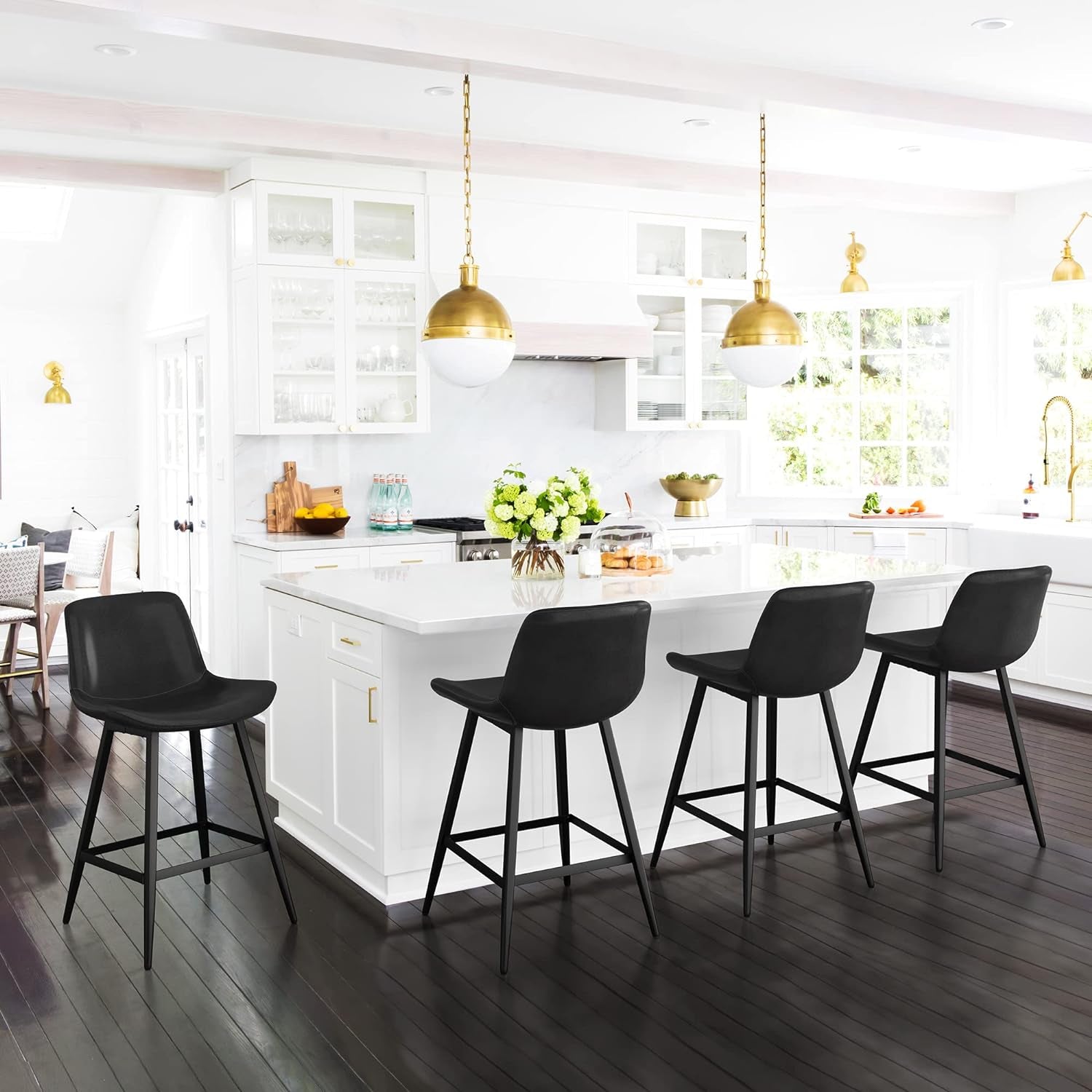 24 Inch Modern Bucket Bar Stool Set Of 3 With Back And Footrest In Faux Leather Black-2