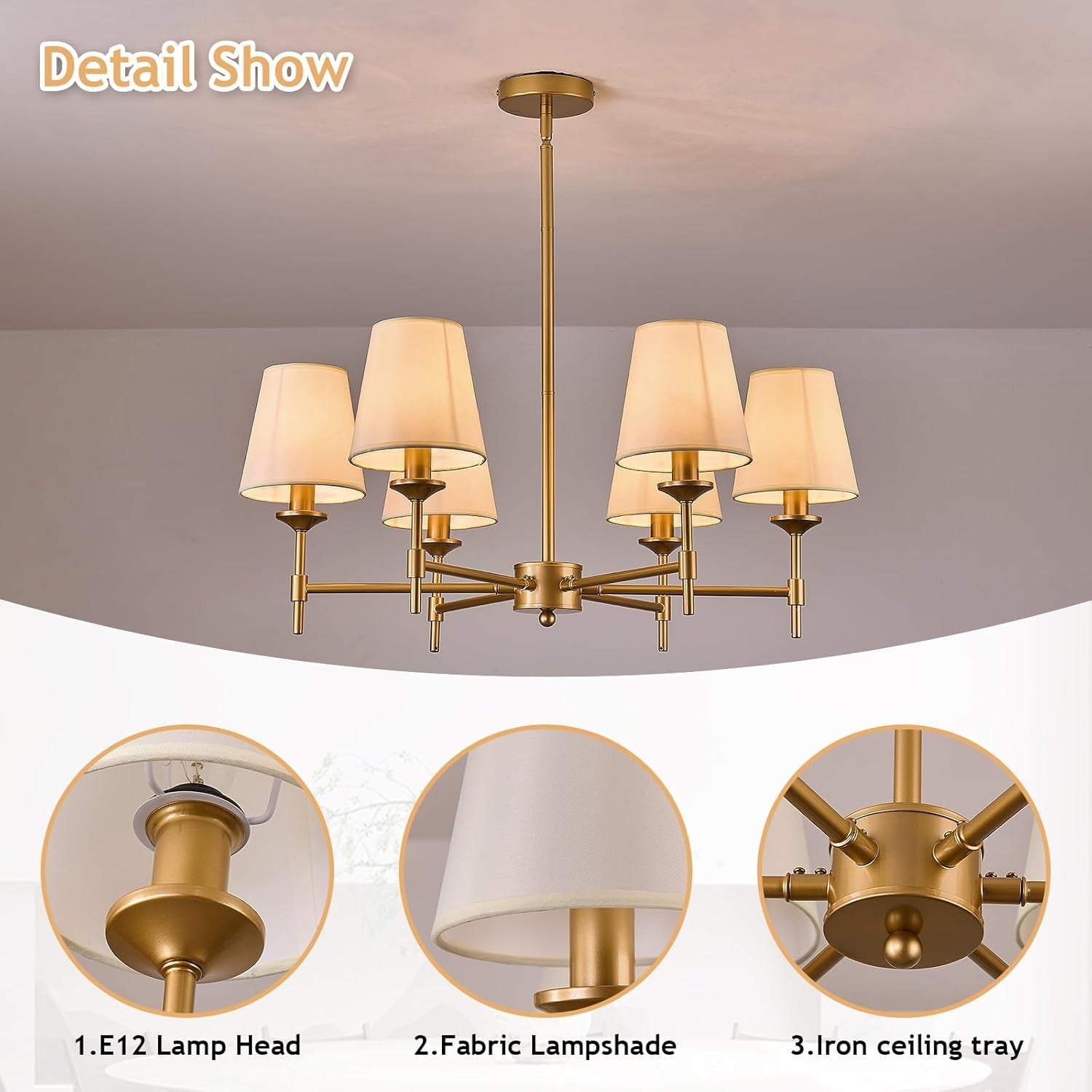 Gold Farmhouse Chandelier 6 Light Linen Shade Fixture-2