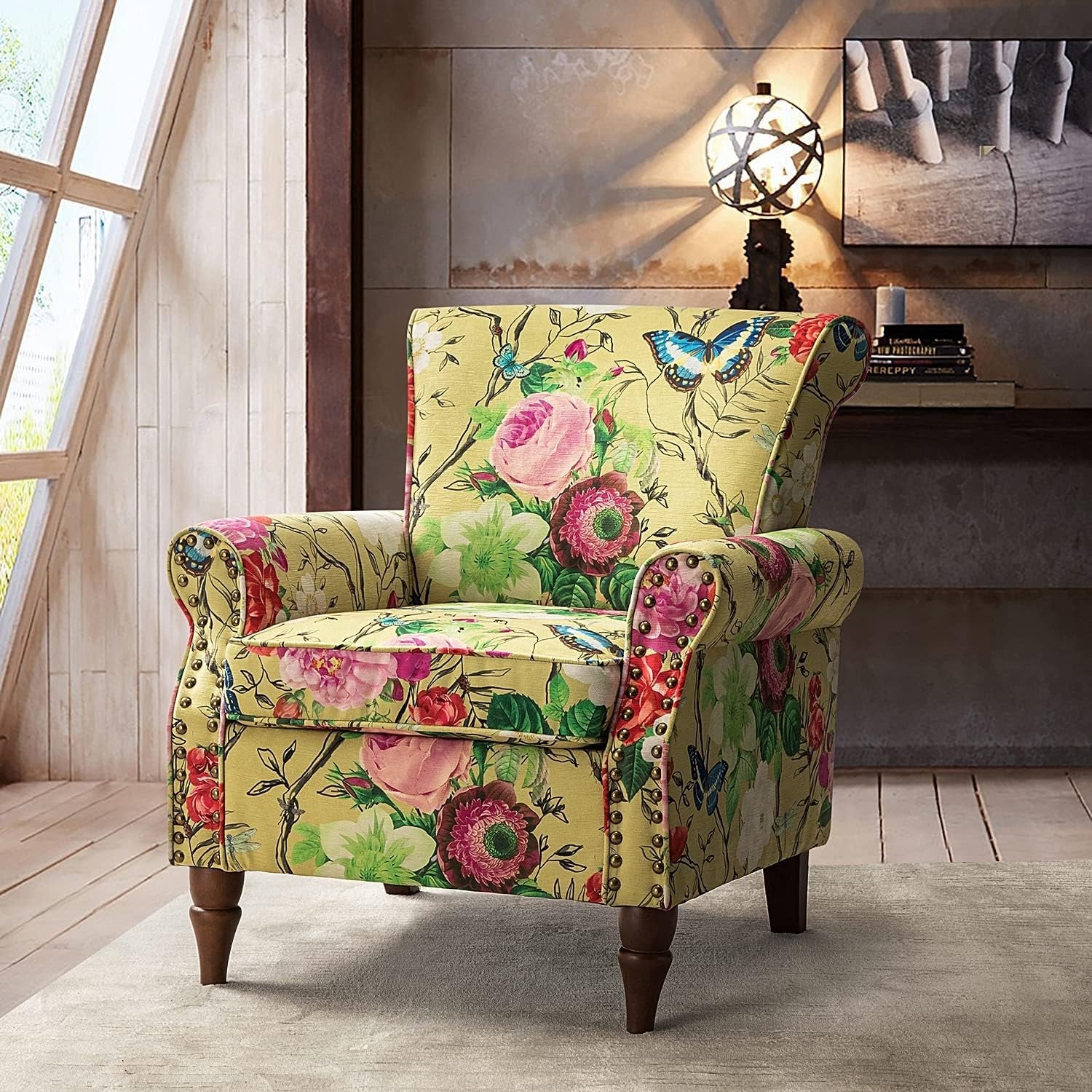 Mustard Floral Wingback Accent Chair With Wood Legs-0