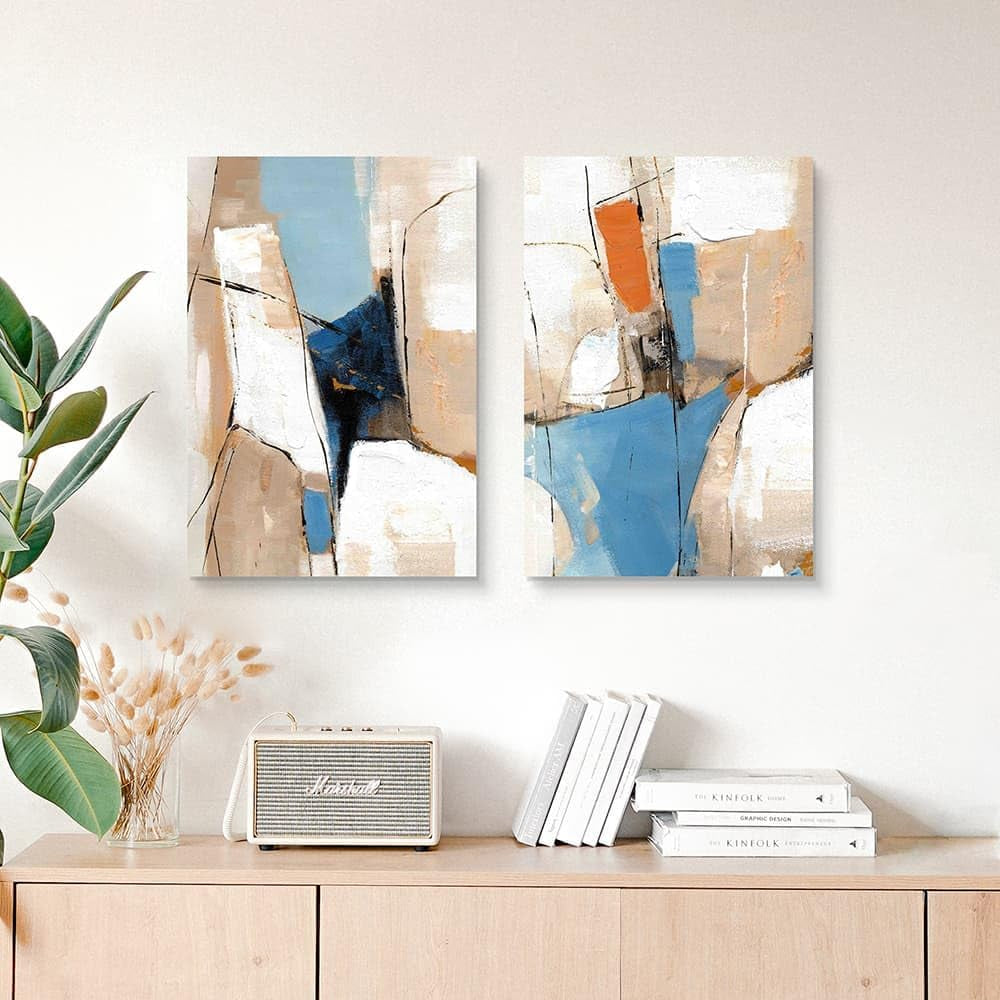 Khaki Blue Abstract Expressionist Canvas Wall Art Duo-1