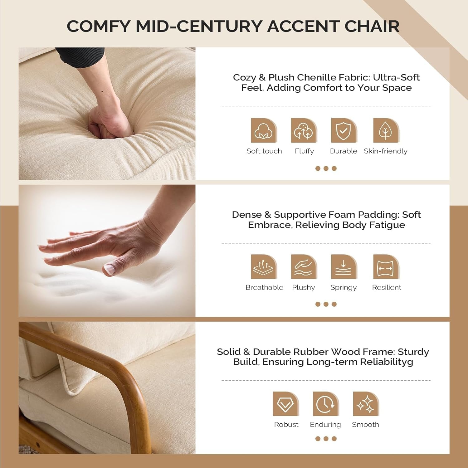 Chenille Mid Century Modern Accent Chair Set of 2 Cream-2