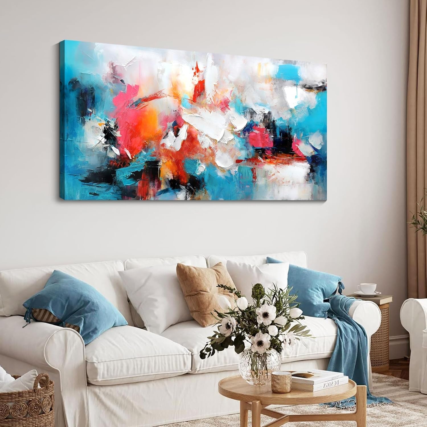 Ultra Premium Exclusive Abstract Canvas Wall Art 24x48 Blue Pink-2