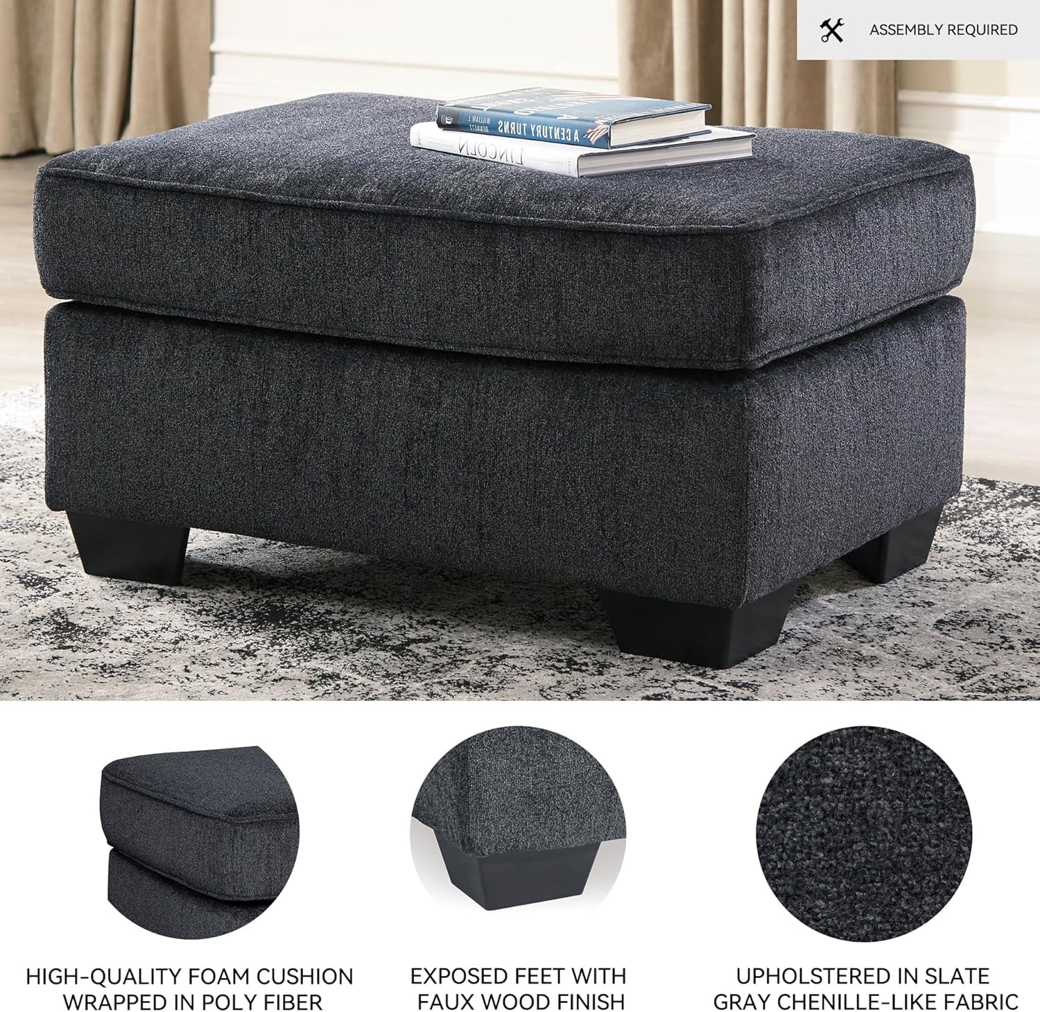 Dark Gray Modern Rectangular Chenille Upholstered Ottoman-3