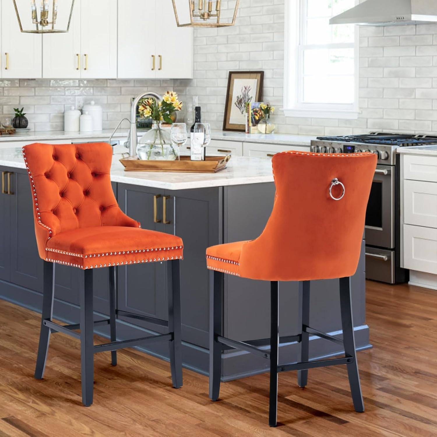 Velvet Upholstered Bar Stools Set Two with Back-1