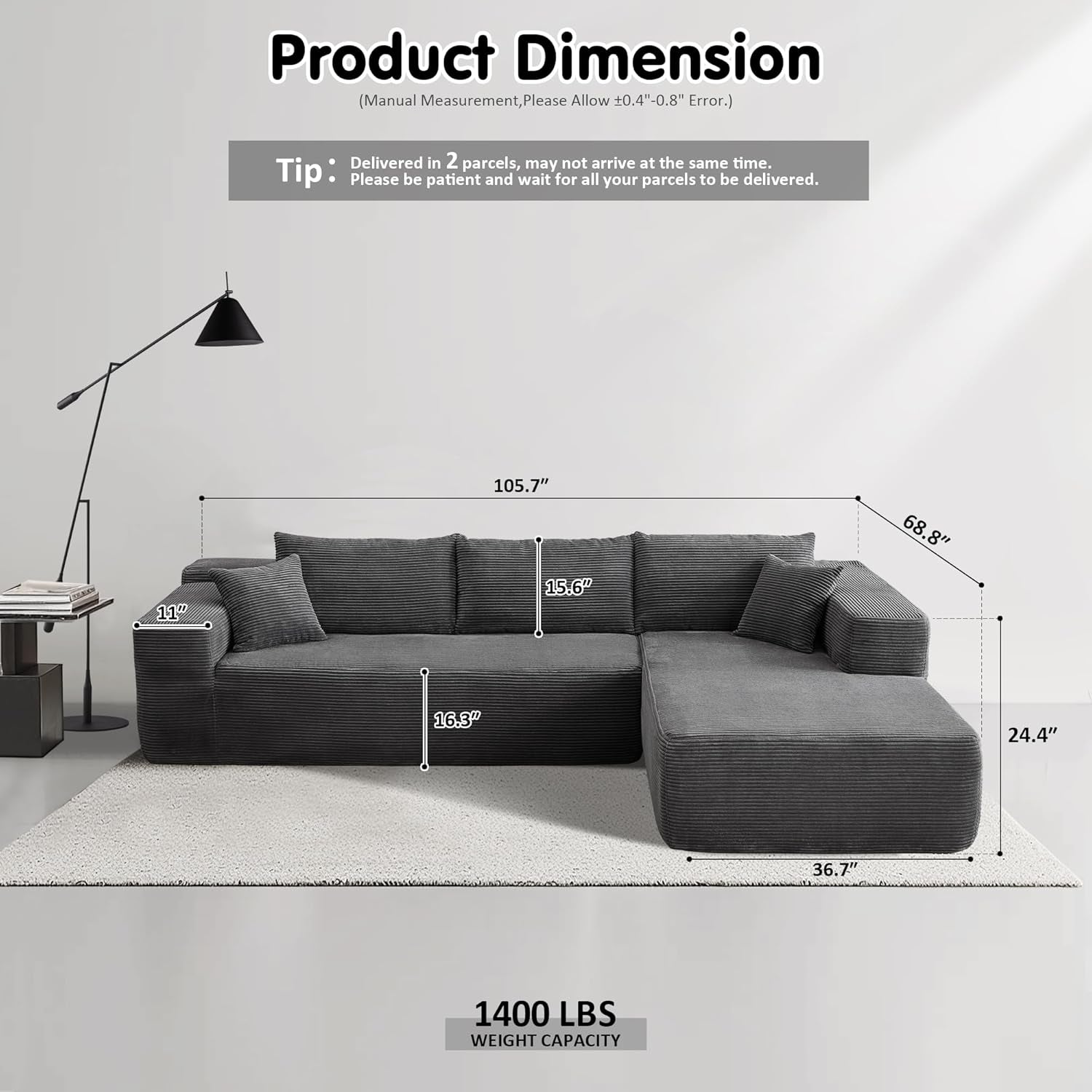 104" Cloud Sectionl Couch with L-Shpe Chise,Modern Modulr Sof with Deep Set, Upholstered Couches for Living Room Bedroom,No ssembly Required, Grey (Corduroy Fbric)-1