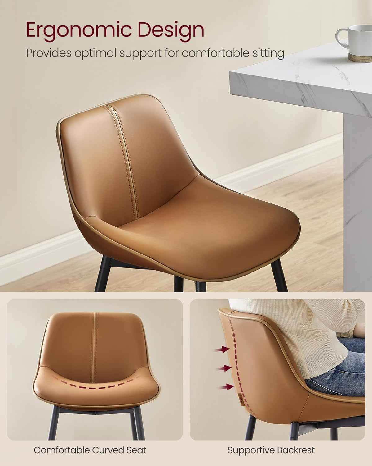 Bar Stool Set Of 2 Caramel Brown Ergonomic Backrest-3