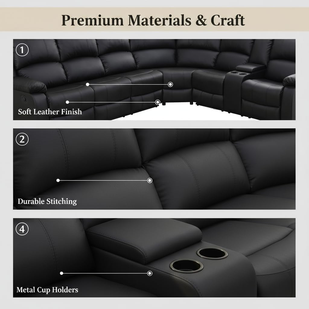 Power Reclining Leather Sectional Sofa Black Home Theater-2