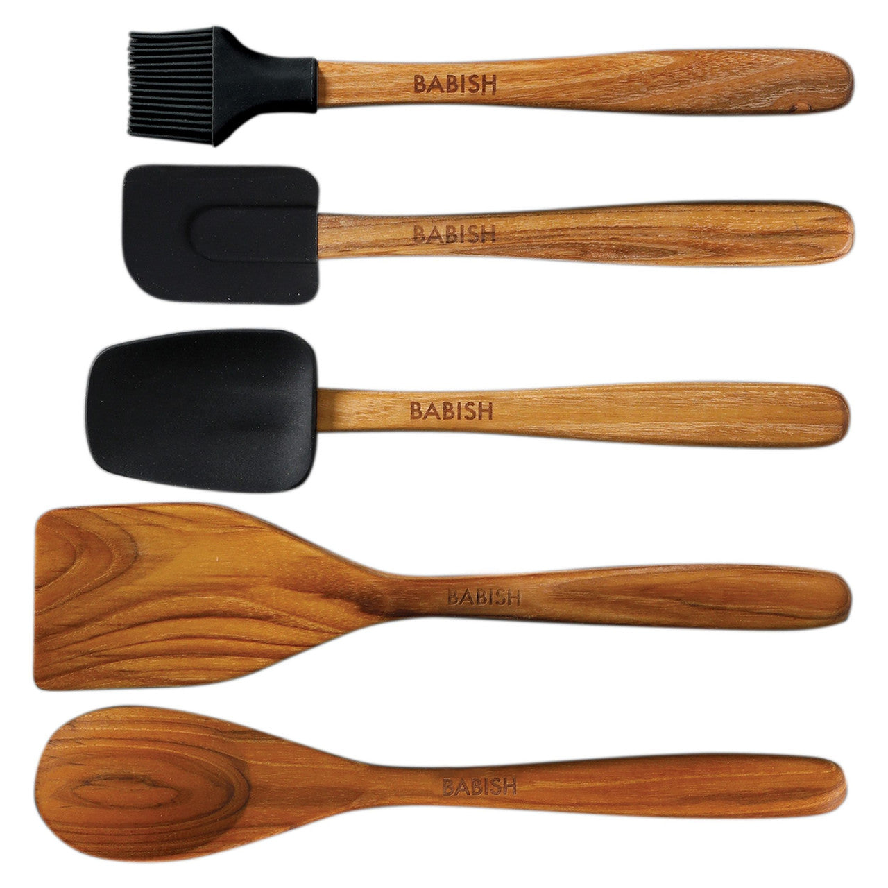 Babish 5 Piece Wood and Silicone Essential Kitchen Tool Set in Brown-0