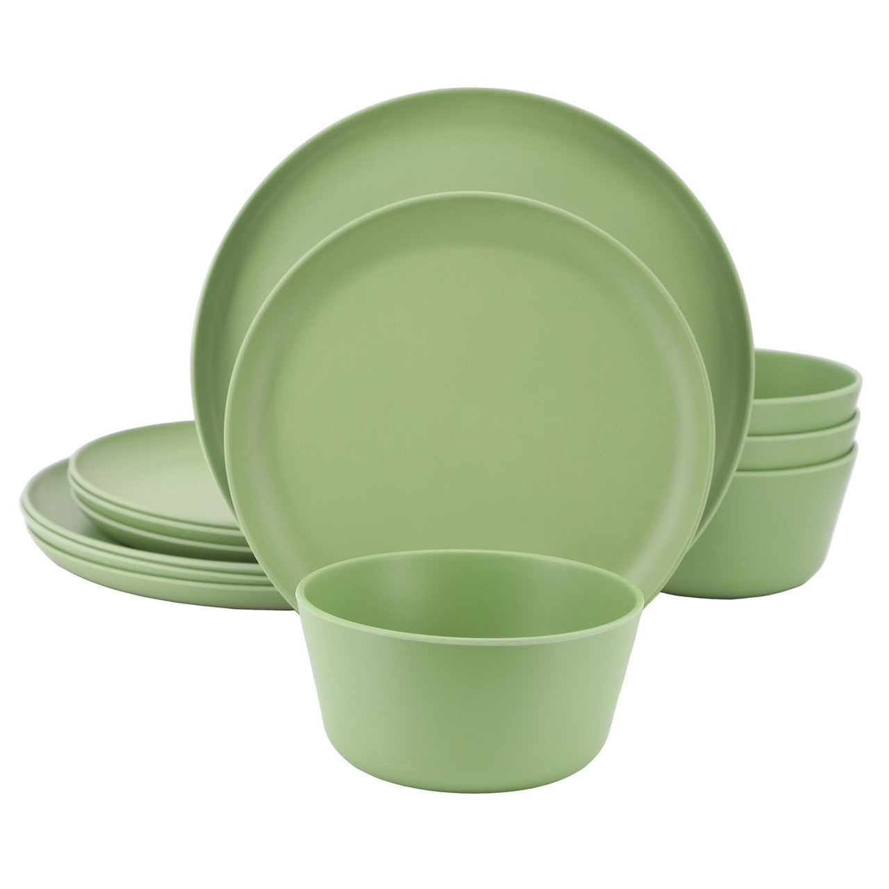 Gibson Home Fairhope 12 Piece Melamine Round Dinnerware Set in Matte Green-0