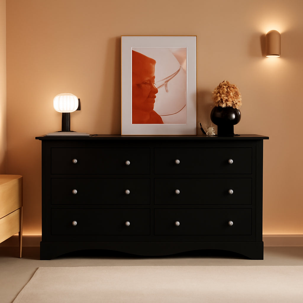 Glossy Black Six Drawer Dresser 52Inch Contemporary Storage-0