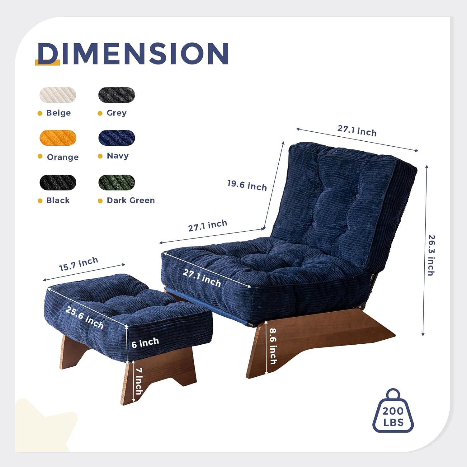 Navy Accent Chair With Ottoman And Adjustable Backrest-1