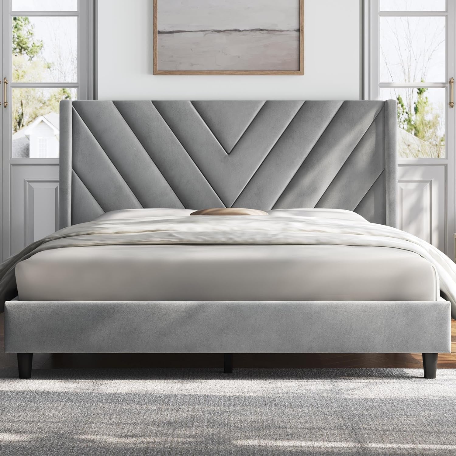 Queen Bed Frame Upholstered Platform Bed with Wing Side/Wooden Slat Support/Tufted Headboard with Wing Side/Mattress Foundation/No Box Spring Needed,Light Gray Queen Bed-0