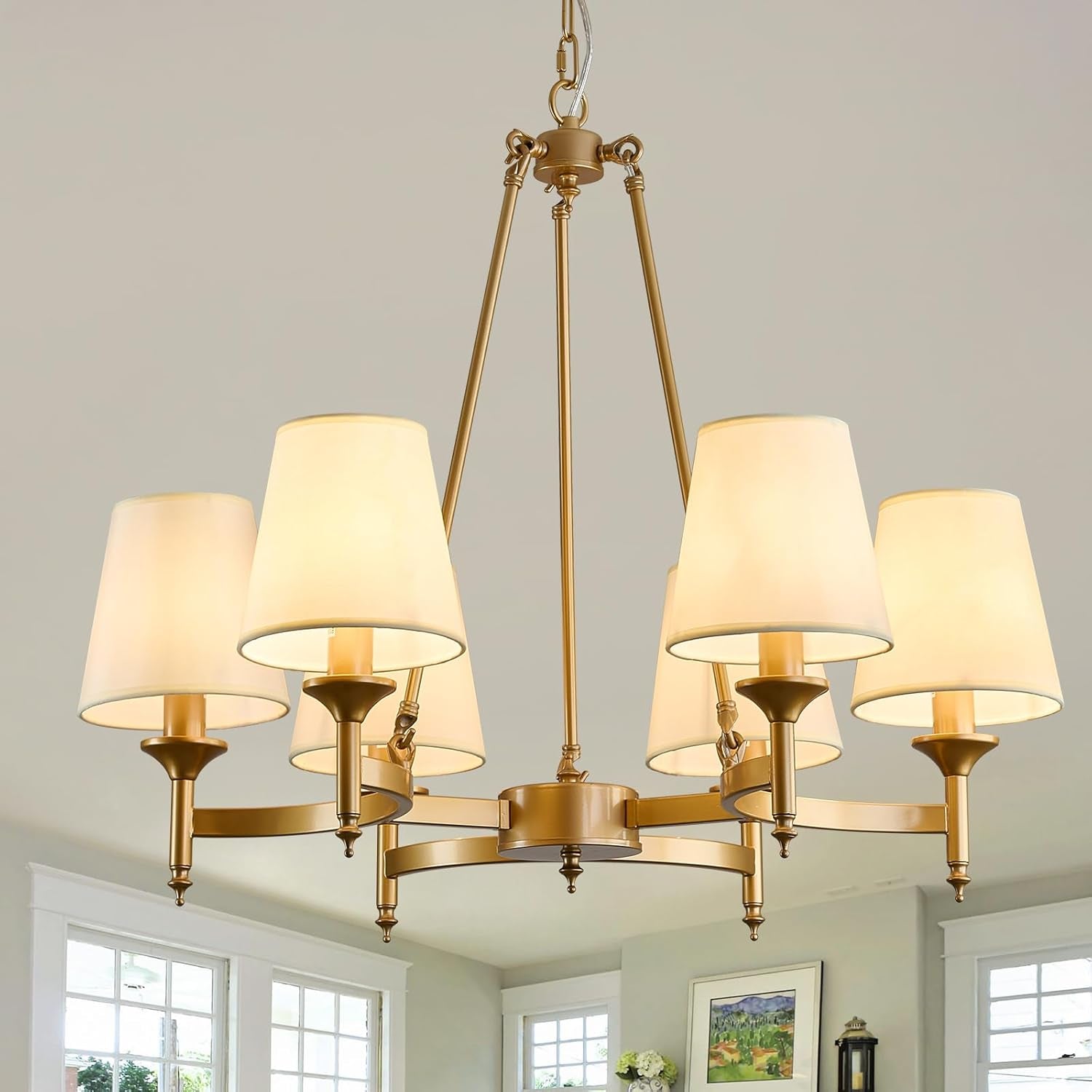 Gold Wagon Wheel Chandelier With White Linen Shade 6 Light-0