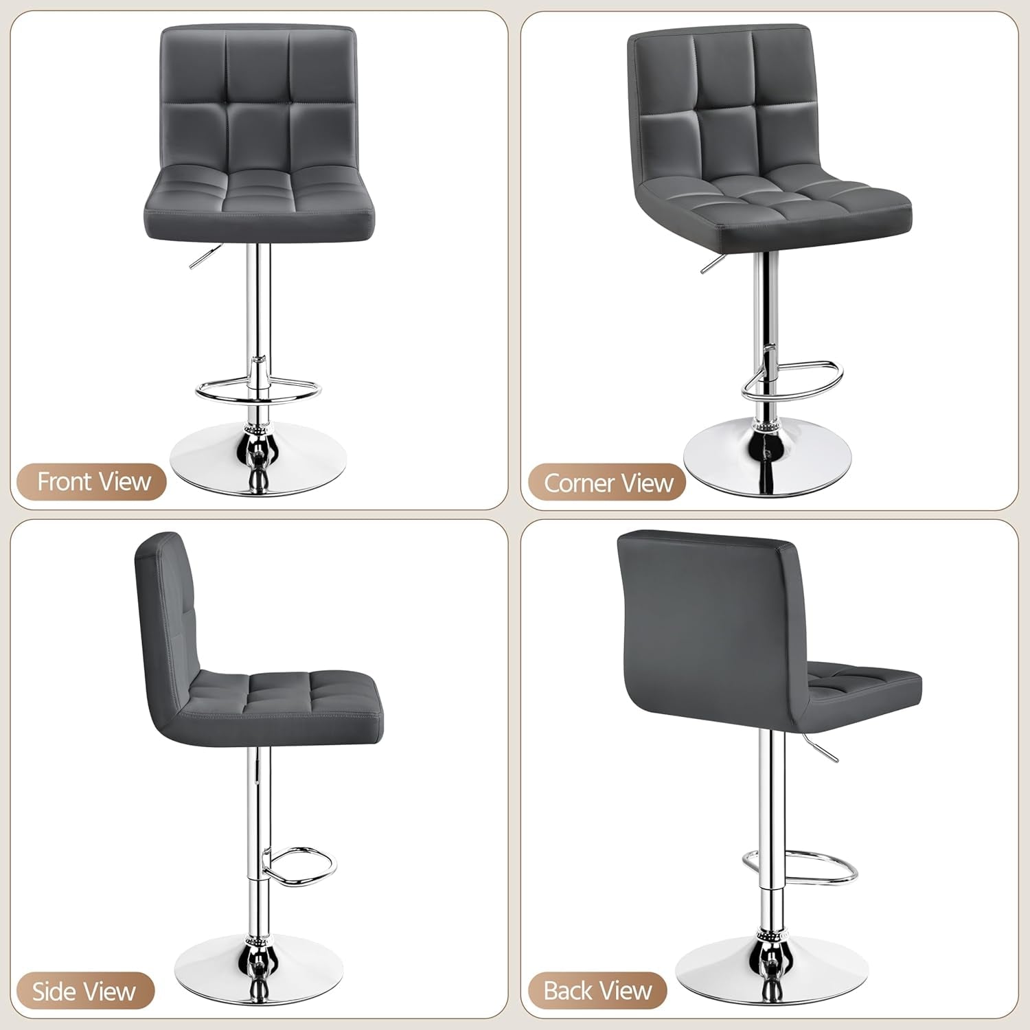 Bar Stools Set of 2, PU Leather Swivel Backrest, Gray-2