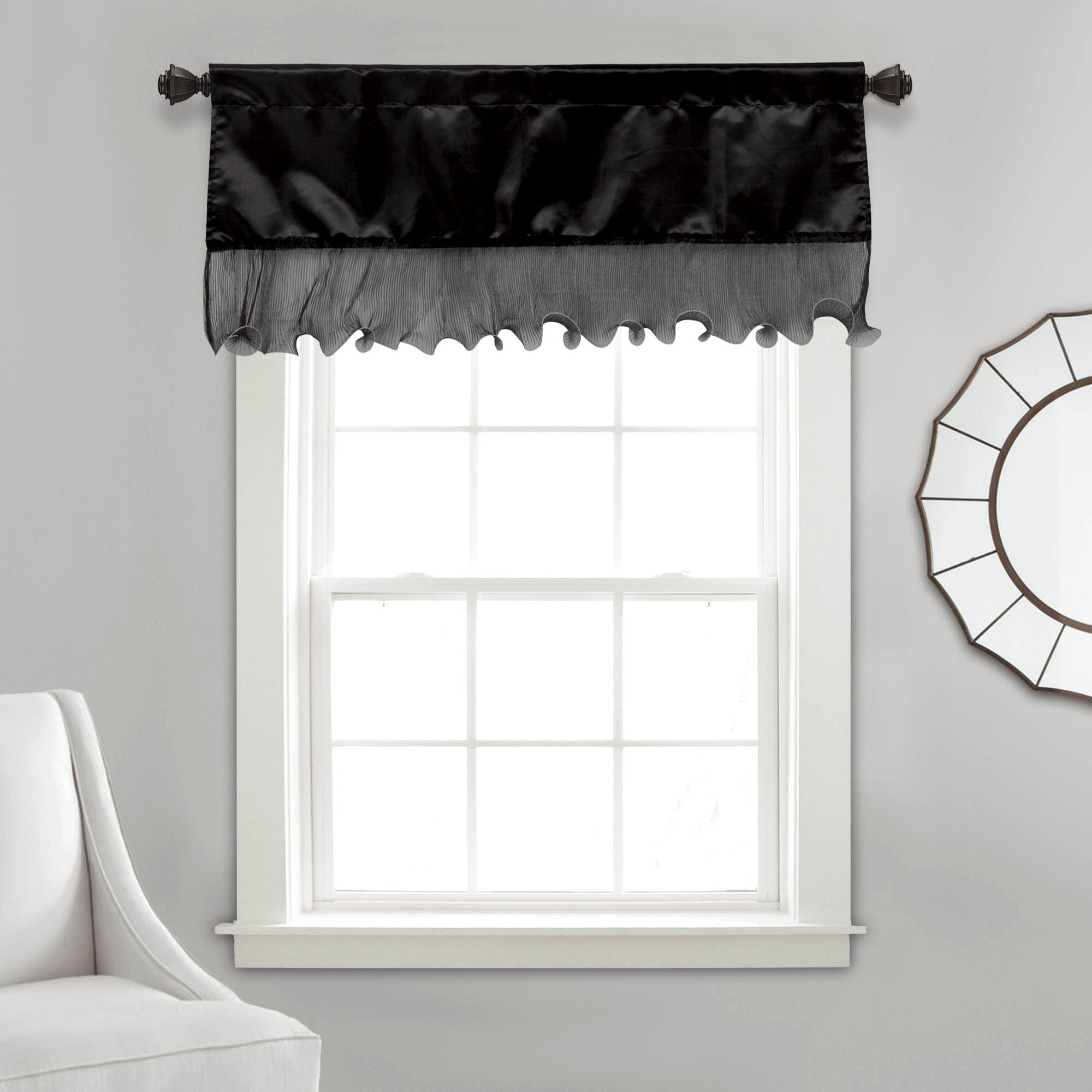 Tache Satin Ruffle Window Curtain Tailored Black 18x52" Valance (1622)-0