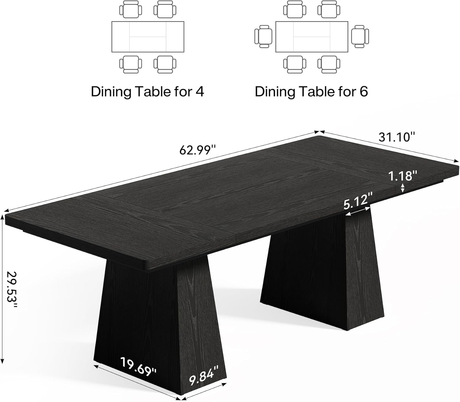 Wooden Dining Table for 6 with Heavy Duty Legs Black-1