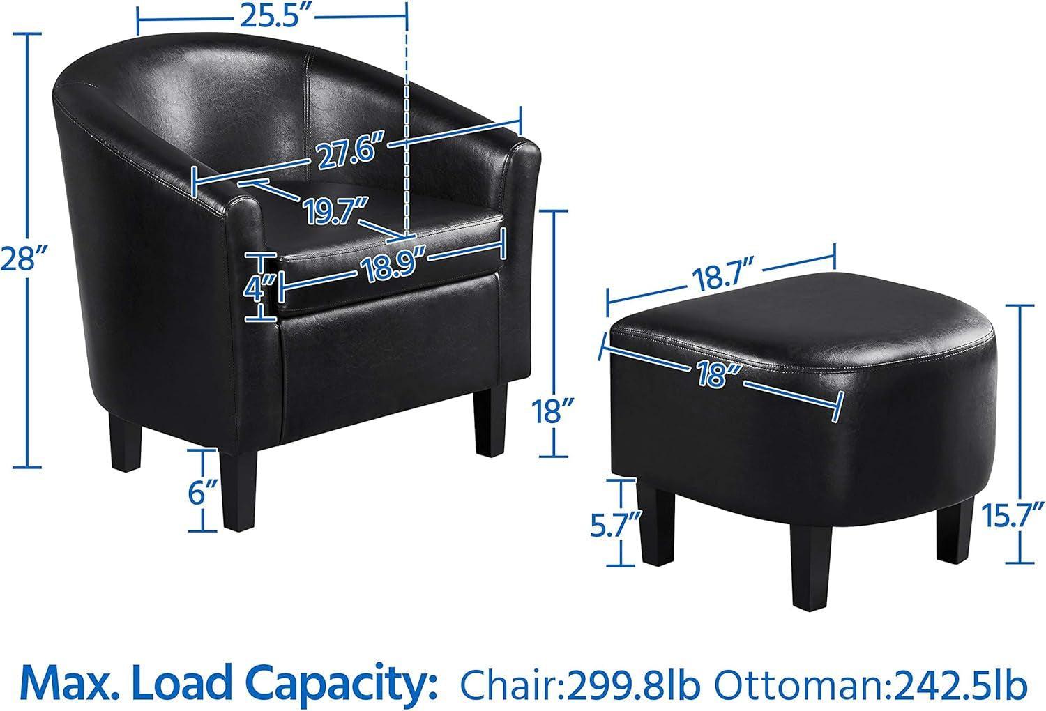 Modern Black Faux Leather Accent Chair With Ottoman Set-2