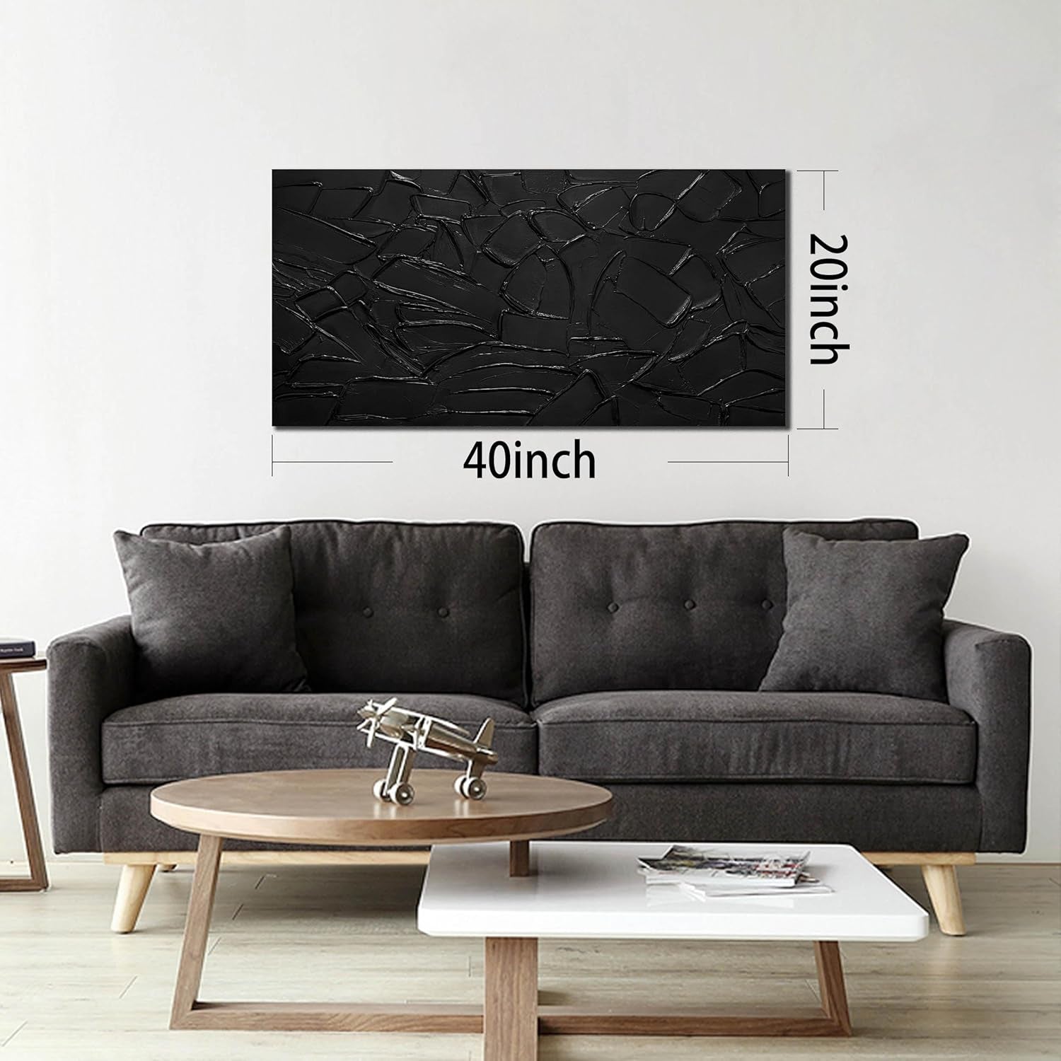 Black Hand Painted Textured Wall Art Decorative 40x20-1