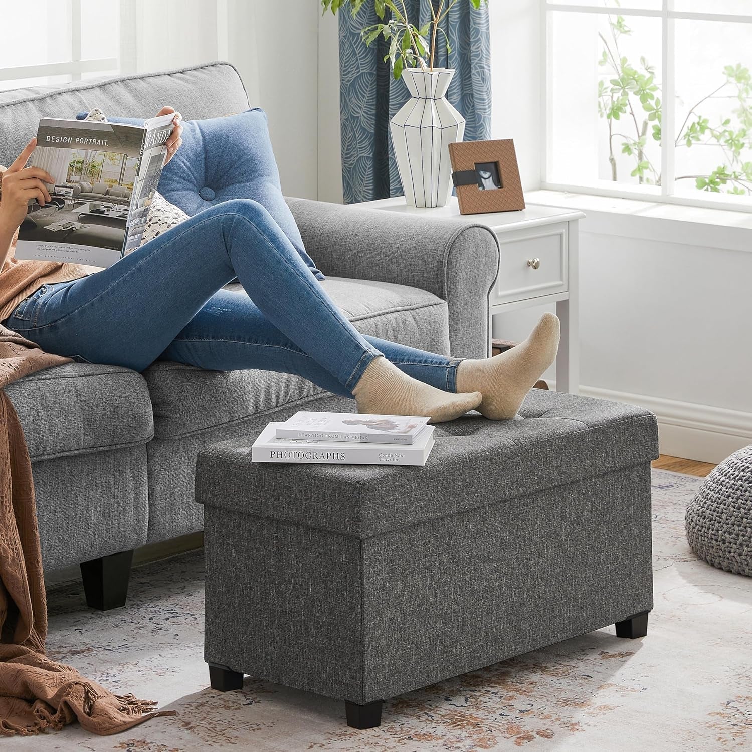 Slate Gray Storage Ottoman Bench 15x30x15.2 Inches-3