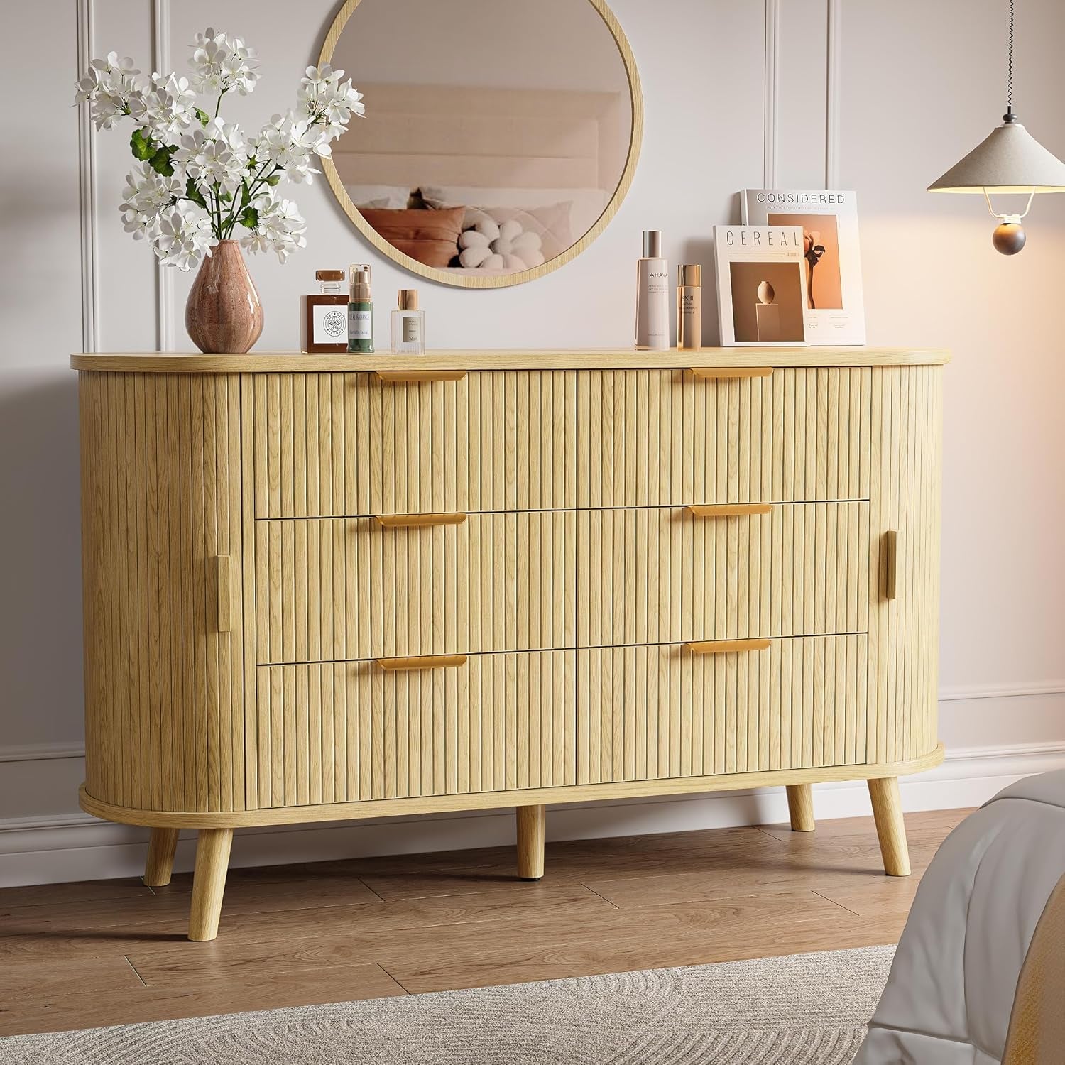 FiftyFiveInch Natural Oak Dresser With Sliding Compartments-0